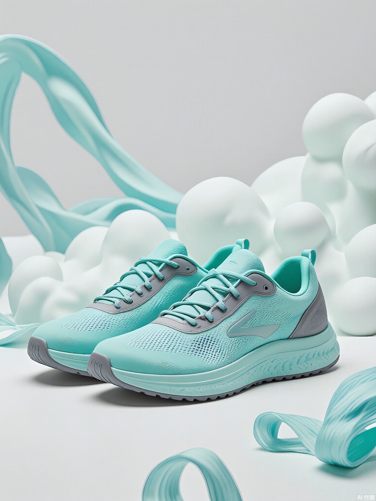 XLCJ, A high-quality, close-up photograph of a pair of Altra Lone Peak 5 sneakers, featuring a vibrant teal and gray colorway. The shoes have a wide, foot-shaped design with a MaxTrac outsole and a breathable mesh upper. The Altra logo is clearly visible on the side. The background is a light gray, decorated with a soft, abstract pattern of teal and white waves, creating a calm yet energetic atmosphere. The lighting brings out the unique shape and the comfortable fit of the sneakers.
