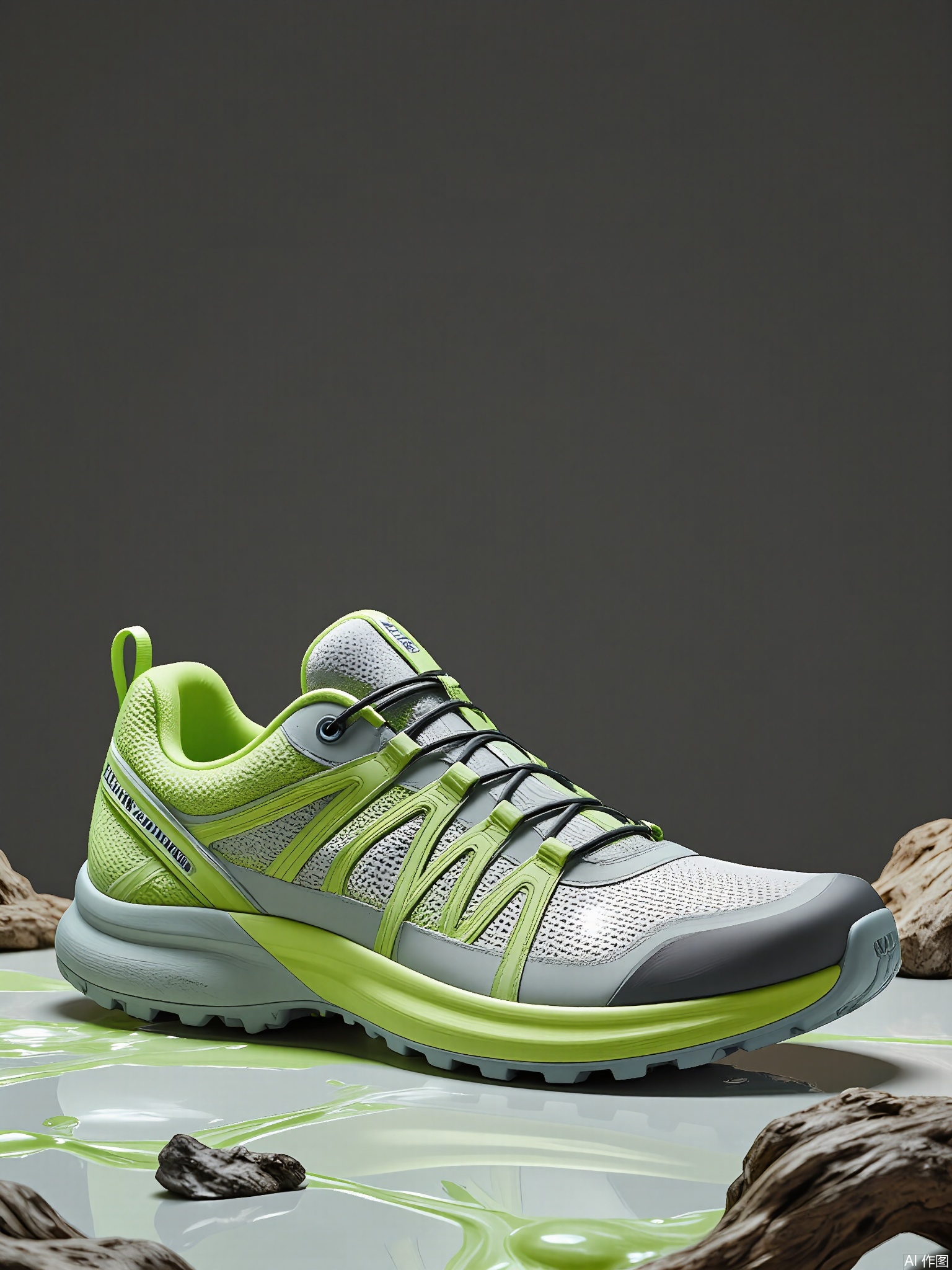 XLCJ, A high-quality, close-up photograph of a pair of Salomon XT-6 ADV sneakers, featuring a bold gray and lime green color scheme. The shoes have a rugged, outdoor-inspired design with a Quicklace system and a Contagrip outsole. The Salomon logo is clearly visible on the side. The background is a dark gray, with a subtle, abstract pattern of lime green and white splatters, adding a touch of adventure and energy. The lighting emphasizes the durable construction and the functional details of the sneakers.
