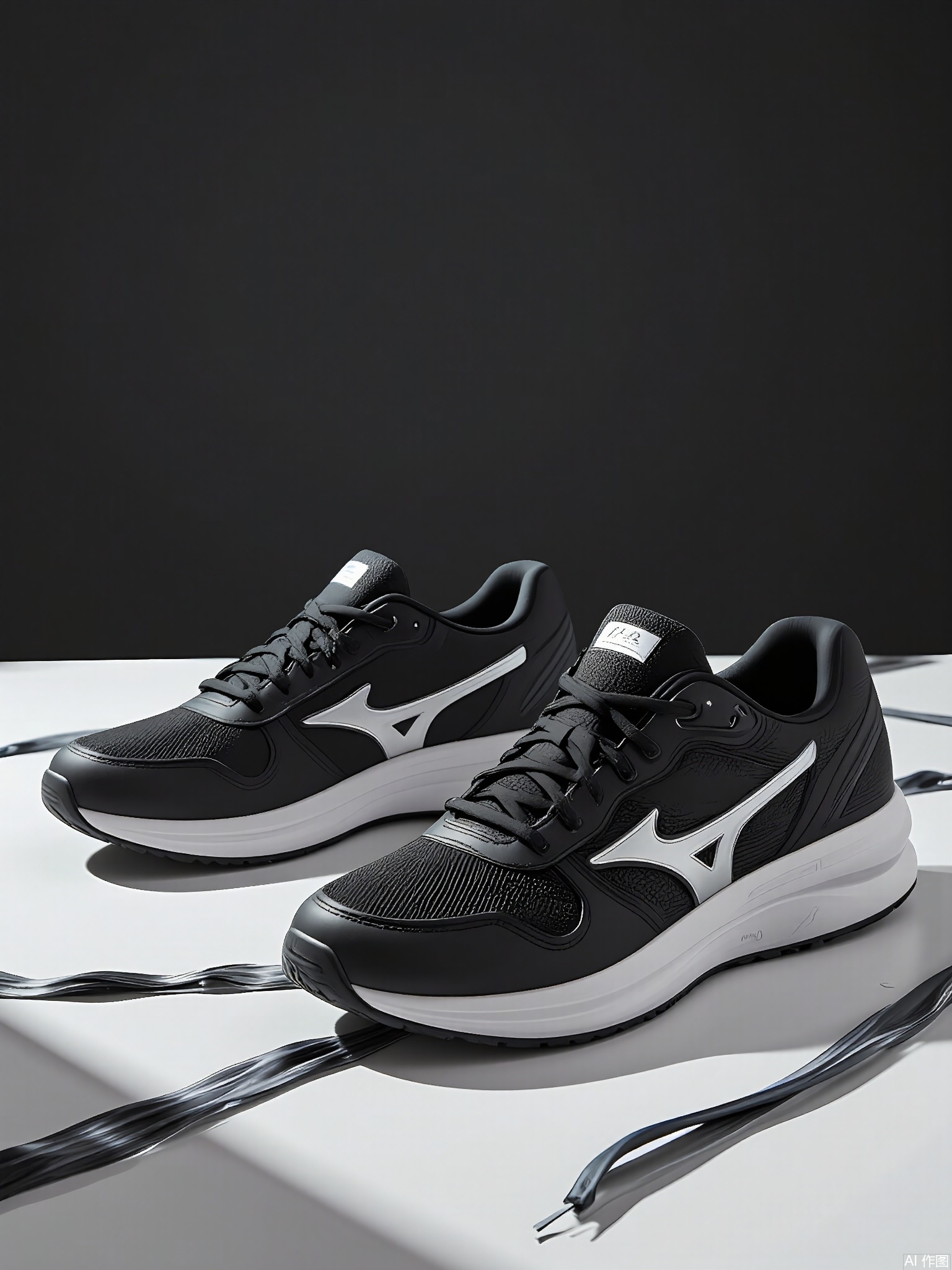 XLCJ, A high-quality, close-up photograph of a pair of Mizuno Wave Rider 24 sneakers, in a classic black and silver color scheme. The shoes offer a smooth, responsive ride with a Wave Plate technology and a breathable mesh upper. The Mizuno logo is prominent on the side. The background is a dark silver, with a faint, abstract pattern of black and white stripes, adding a touch of sophistication and energy. The lighting emphasizes the sleek design and the advanced technology of the sneakers.
