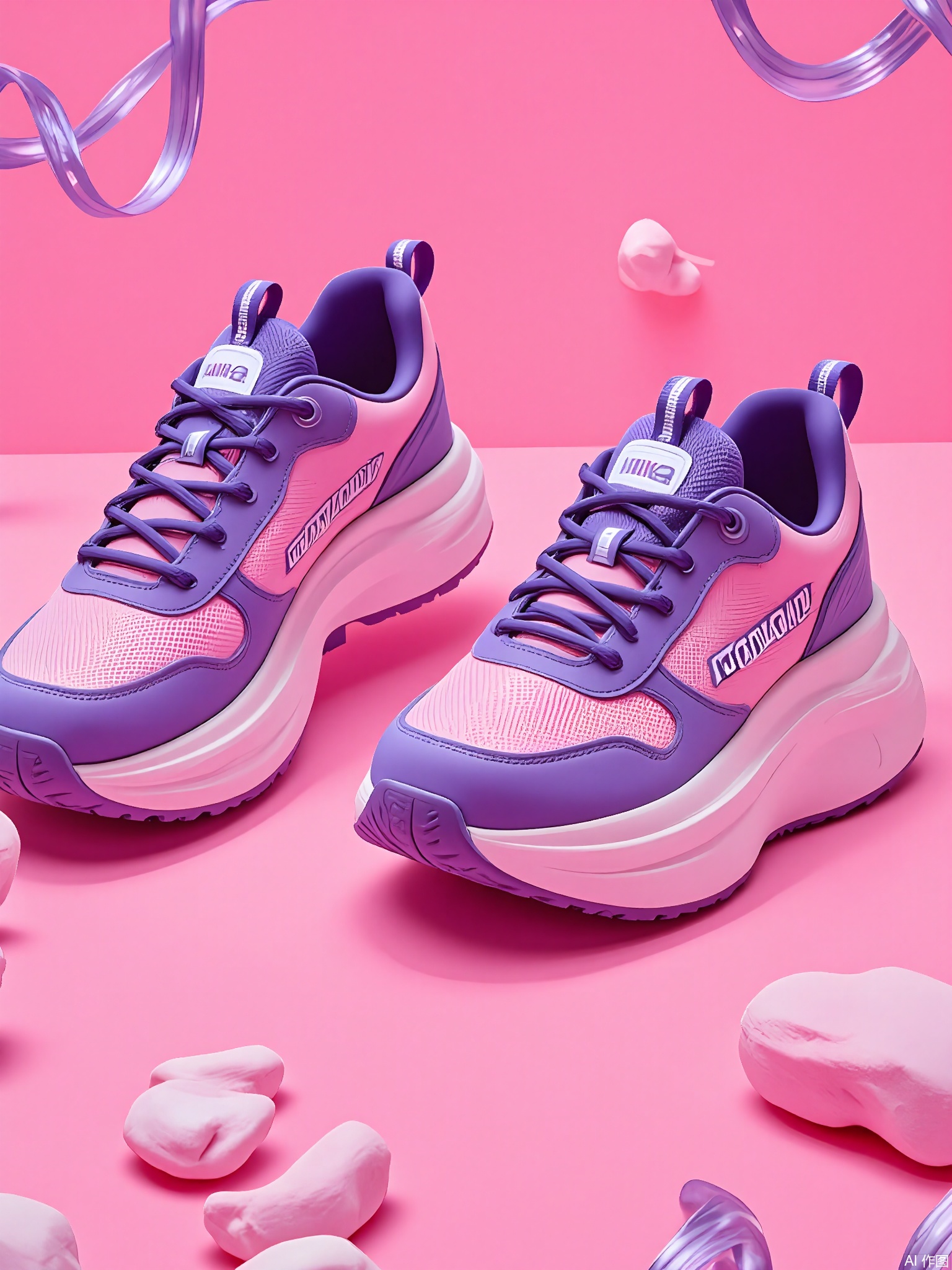 XLCJ, A high-quality, close-up photograph of a pair of Hoka One One Bondi 7 sneakers, with a bold purple and pink color combination. The shoes have a maximalist design with a thick, cushioned midsole and a breathable mesh upper. The Hoka logo is clearly visible on the side. The background is a bright fuchsia, featuring a soft, abstract pattern of purple and white zigzags, creating a vibrant and energetic feel. The lighting highlights the plush cushioning and the lightweight feel of the sneakers.
