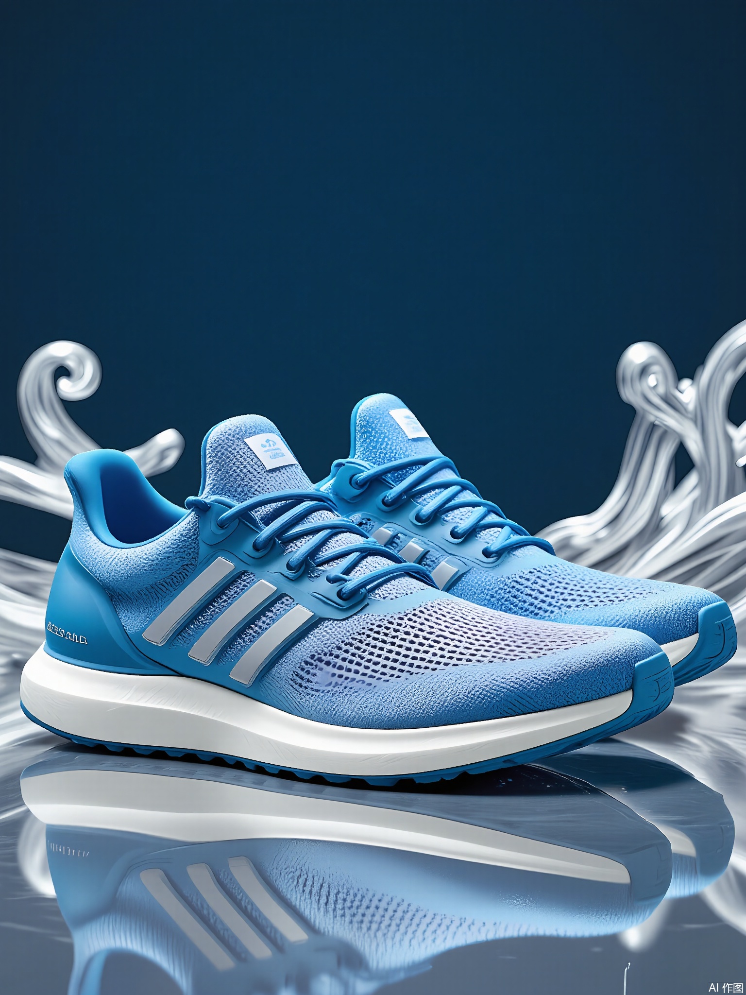 XLCJ, A high-quality, close-up photograph of a pair of Adidas Ultraboost sneakers, boasting a bold electric blue and silver color scheme. The shoes exhibit a streamlined, contemporary design with ribbed details along the midsole and a large, metallic silver Adidas three-stripe logo. The Boost midsole is clearly visible, displaying its responsive, foam-like structure. The background is a deep navy blue, adorned with a soft, abstract pattern of silver and white swirls, generating a futuristic and energetic vibe. The lighting accentuates the texture and intricate details of the sneakers.
