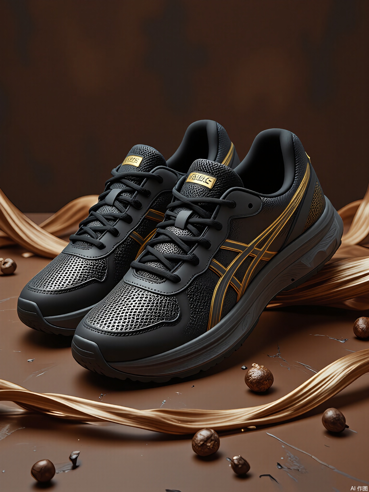 XLCJ, A high-quality, close-up photograph of a pair of Asics Gel-Kayano 27 sneakers, boasting a sleek black and gold color scheme. The shoes offer a high-performance design with a FlyteFoam midsole and a prominent Asics tiger stripe logo in gold. The Gel cushioning in the heel is visible, showing its advanced shock-absorbing technology. The background is a dark chocolate brown, with a subtle, abstract pattern of black and gold lines, generating a luxurious and dynamic vibe. The lighting highlights the premium materials and the intricate details of the sneakers.

