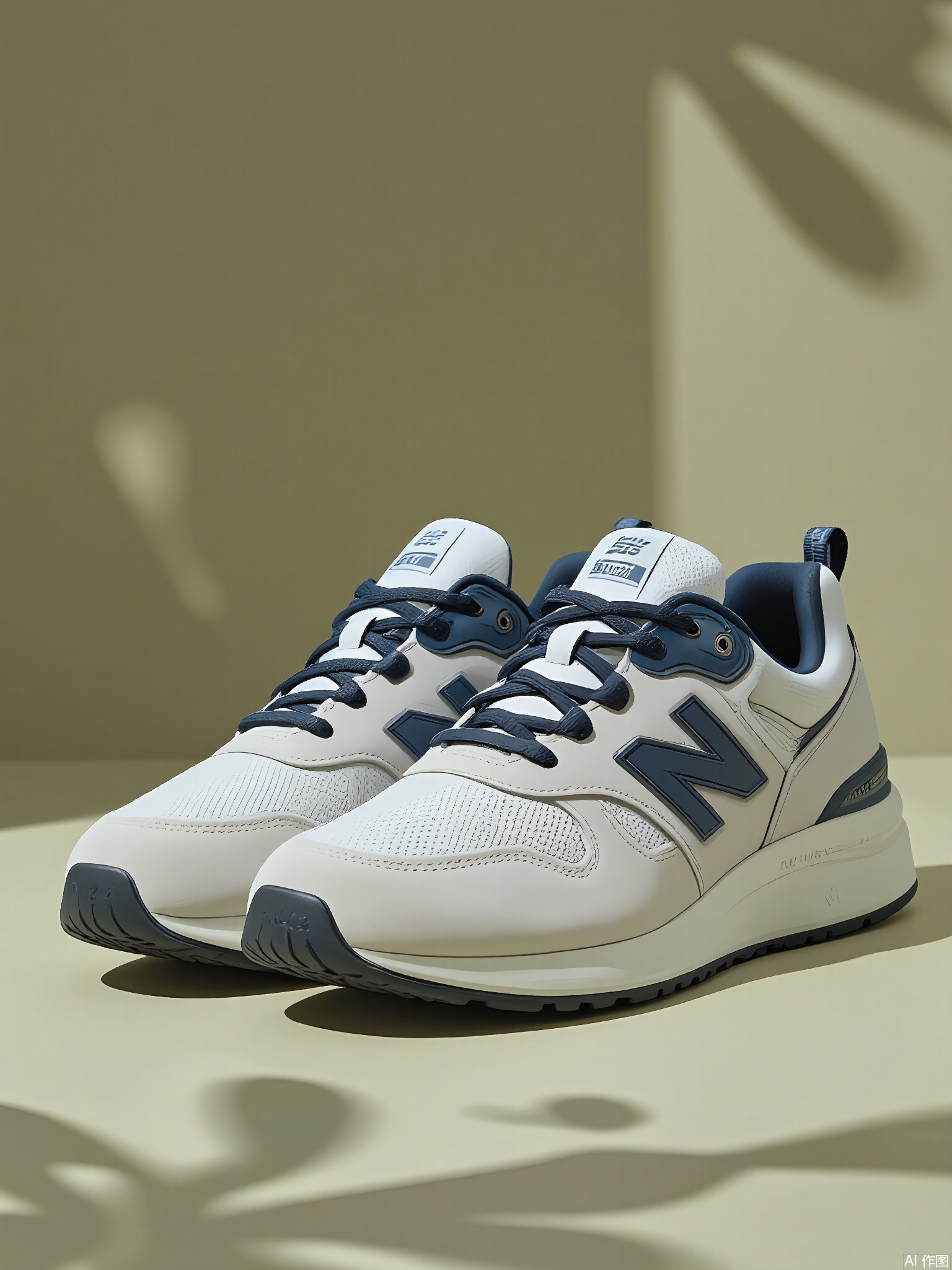 XLCJ, A high-quality, close-up photograph of a pair of New Balance 990v5 sneakers, featuring a classic gray and navy blue color scheme. The shoes offer a timeless, athletic design with a mesh upper and a large, reflective New Balance "N" logo. The ENCAP midsole technology is visible, showing its durable and supportive construction. The background is a muted olive green, with a faint, abstract pattern of gray and white dots, giving the image a subtle, earthy yet energetic touch. The lighting emphasizes the premium materials and precise craftsmanship of the sneakers.
