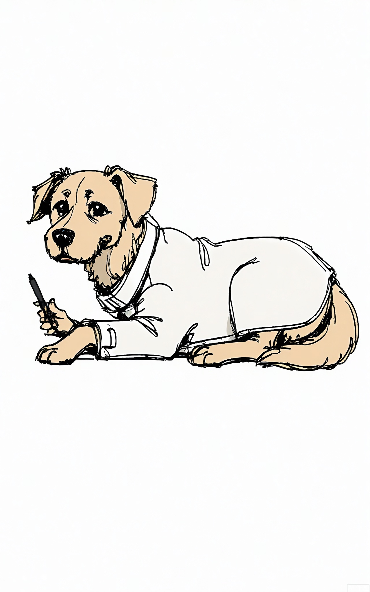 GBSX, Digital pen sketch of a dog with a fluffy, white coat and floppy ears. It's lying on its side, one paw raised slightly. The minimalistic lines outline its round body and friendly face, with the texture of its fur suggested by light, quick strokes. The dog's eyes are warm and welcoming as it gazes at the viewer against the white background.
