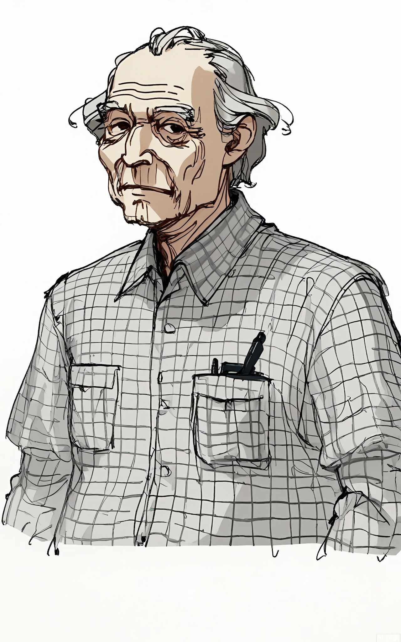 GBSX, Digital pen sketch of an elderly man with a long, gray beard and wrinkled face. He's wearing a loose - fitting, checkered shirt. The style is minimalistic, with thin, wavy lines that capture the essence of his features. His eyes are half - closed in a contemplative gaze, looking straight at the viewer. The plain white background highlights his weathered appearance, giving the drawing a relaxed, spontaneous vibe.
