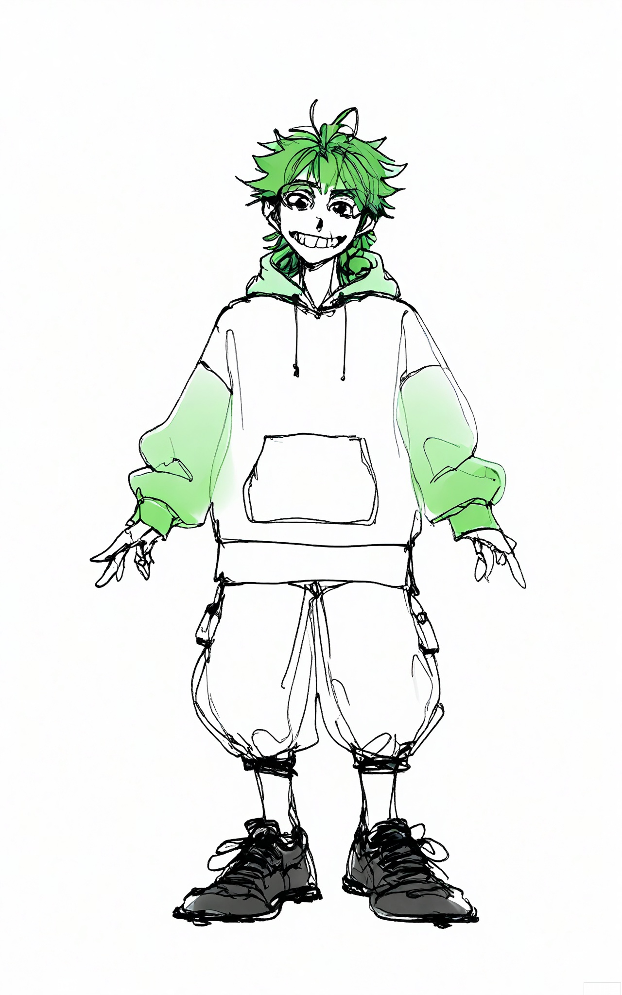 GBSX, Digital black - and - white pen sketch of a teenage boy with spiky, neon - green hair and a goofy grin. He's wearing a graphic hoodie and baggy pants. The energetic, quick lines capture his playful nature and the vibrant energy in his expression as he stares at the viewer on the white backdrop.
