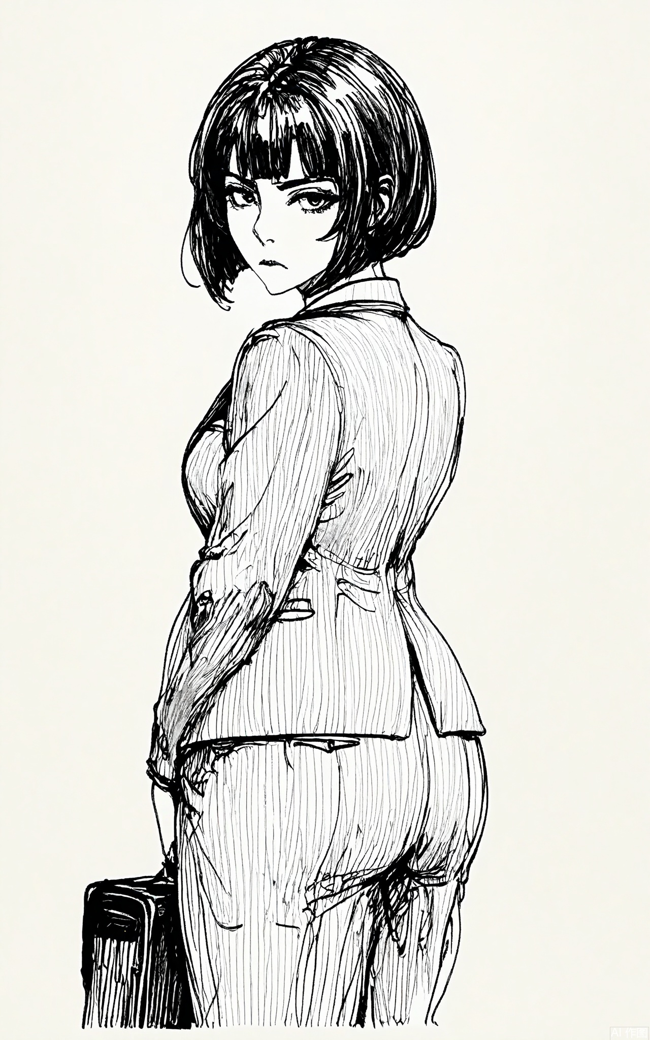 GBSX, Digital black - and - white pen sketch of a middle - aged woman with a short, bob haircut and a serious expression. She's wearing a business suit and holding a briefcase. The precise, sharp lines emphasize her professionalism and the intensity in her eyes as she looks directly at the viewer on the plain white page.
