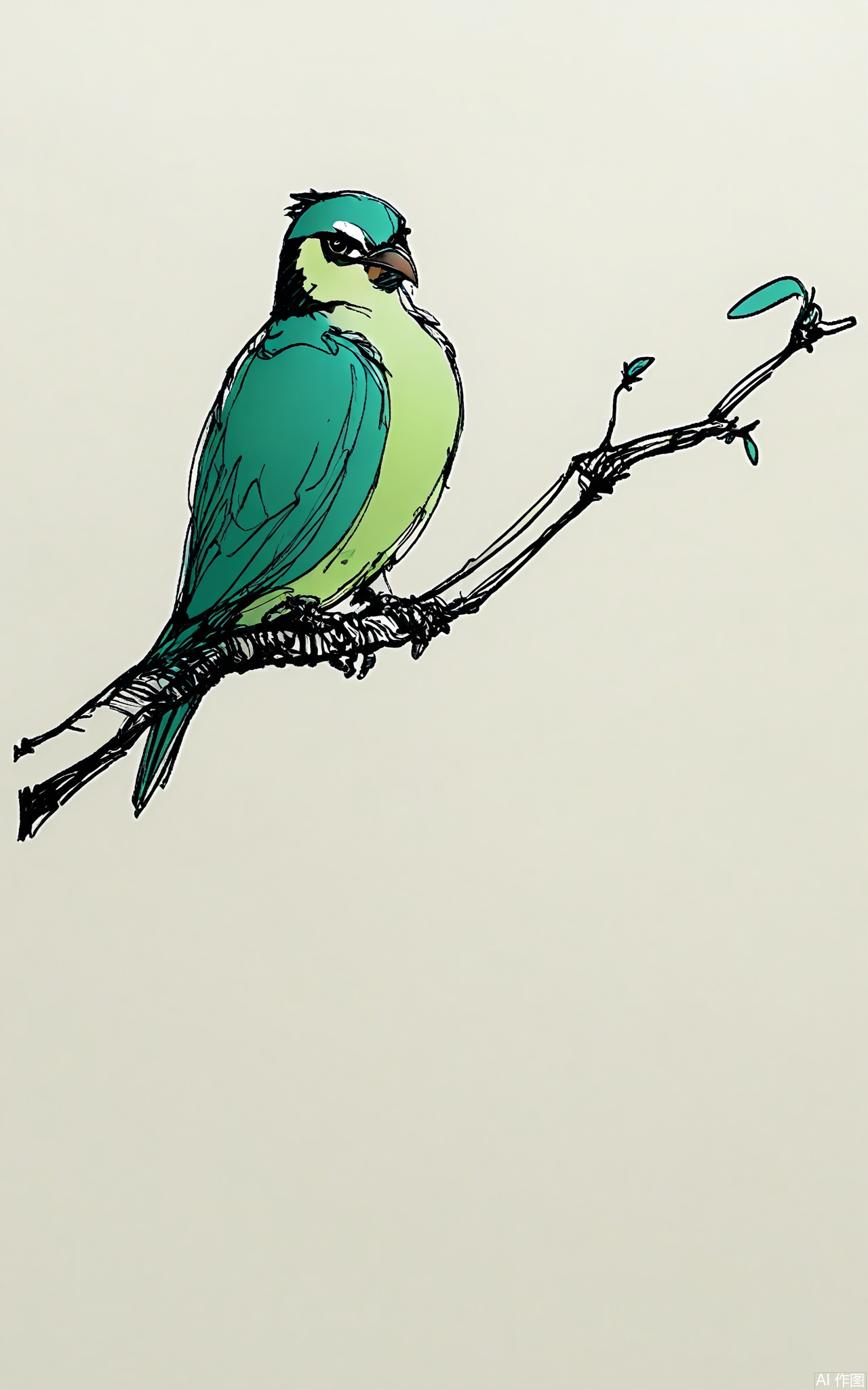 GBSX, Digital black - and - white pen sketch of a bird with blue and green feathers. It's perched on a branch, its beak slightly open. The flowing, sketch - like lines capture its vibrant plumage and the alertness in its stance as it stares at the viewer on the plain white page.
