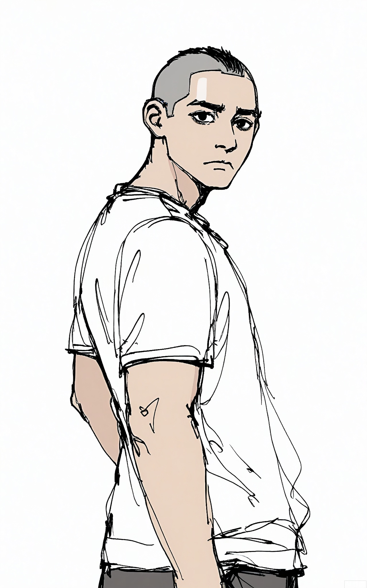 GBSX, Digital black - and - white pen sketch of a young man with a buzz cut and a thoughtful frown. He's wearing a plain white T - shirt, and the thin, wavy lines勾勒出his angular face and broad shoulders. His eyes are downcast slightly before lifting to meet the viewer's gaze, creating an air of introspection on the plain white background.

