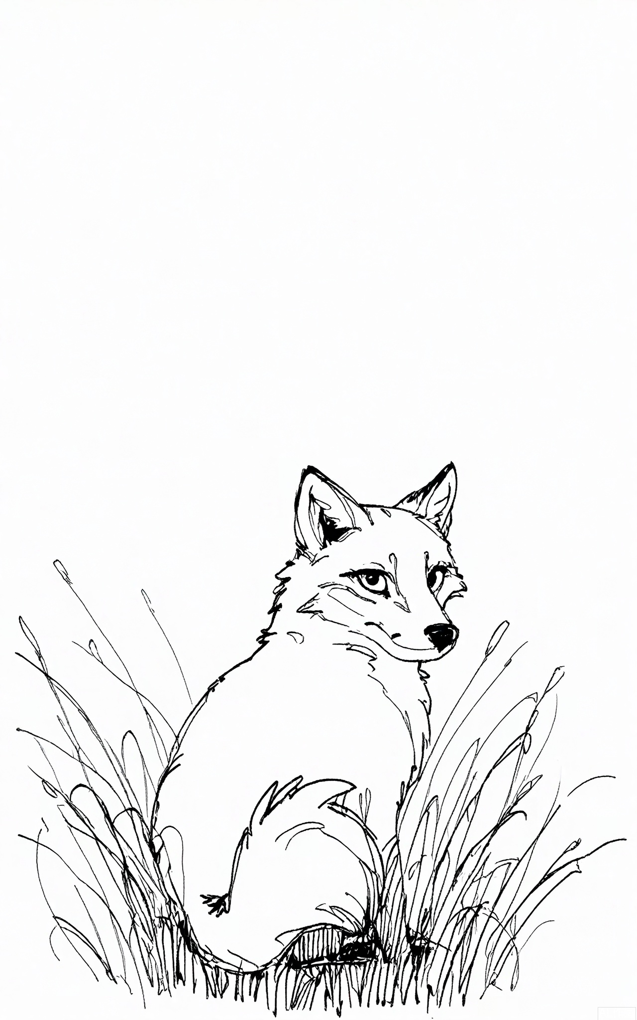 GBSX, Digital black - and - white pen sketch of a fox with reddish - orange fur and a bushy tail. It's prowling through the grass, its head lowered. The thin, precise lines show its sleek body and the focused expression in its eyes as it looks directly at the viewer on the white backdrop.
