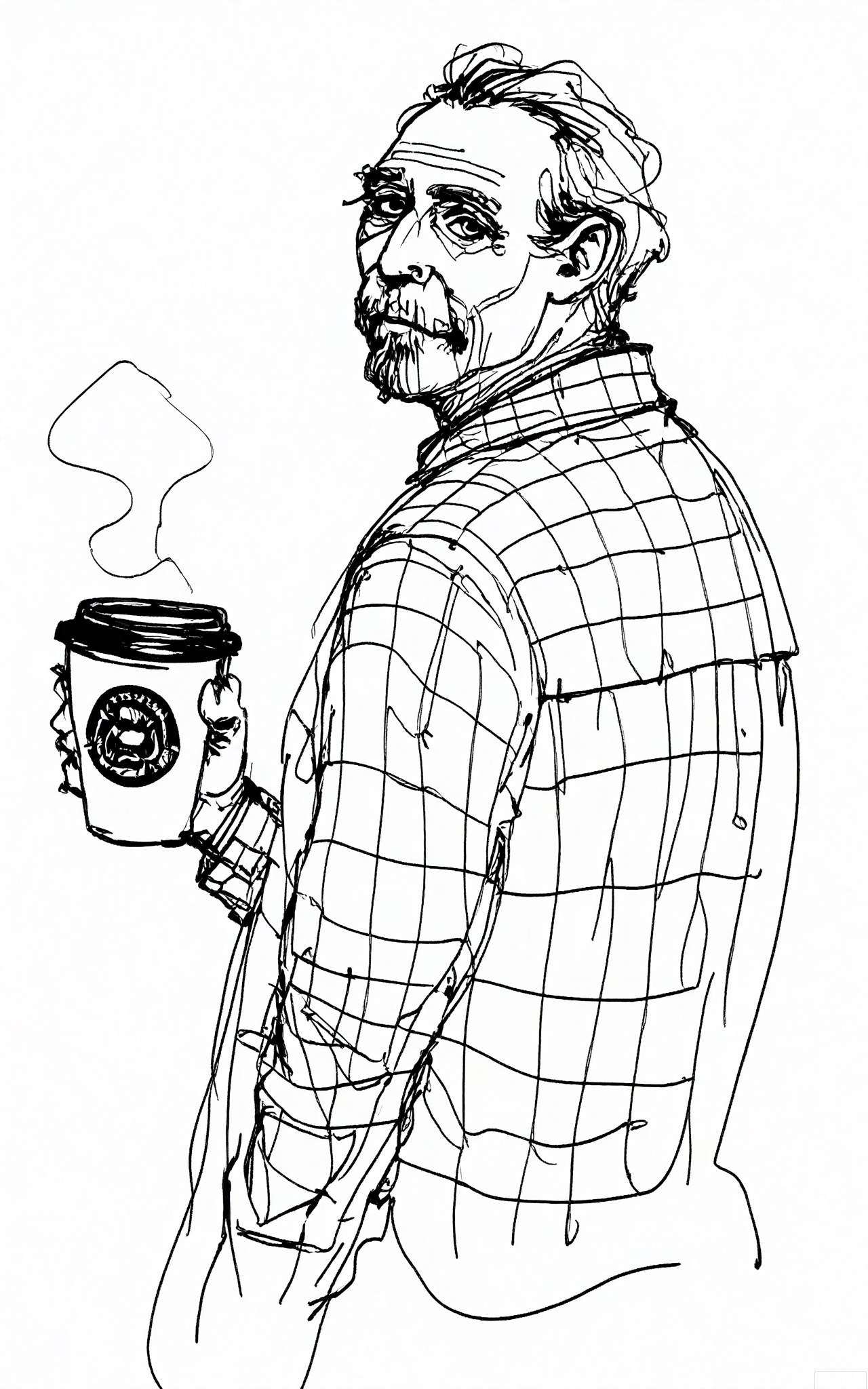 GBSX, Digital black - and - white pen sketch of a middle - aged man with a salt - and - pepper beard and a kind expression. He's wearing a checkered shirt and holding a coffee cup. The thin, precise lines define his friendly face and the relaxed posture as he looks at the viewer with a welcoming gaze on the white background.

