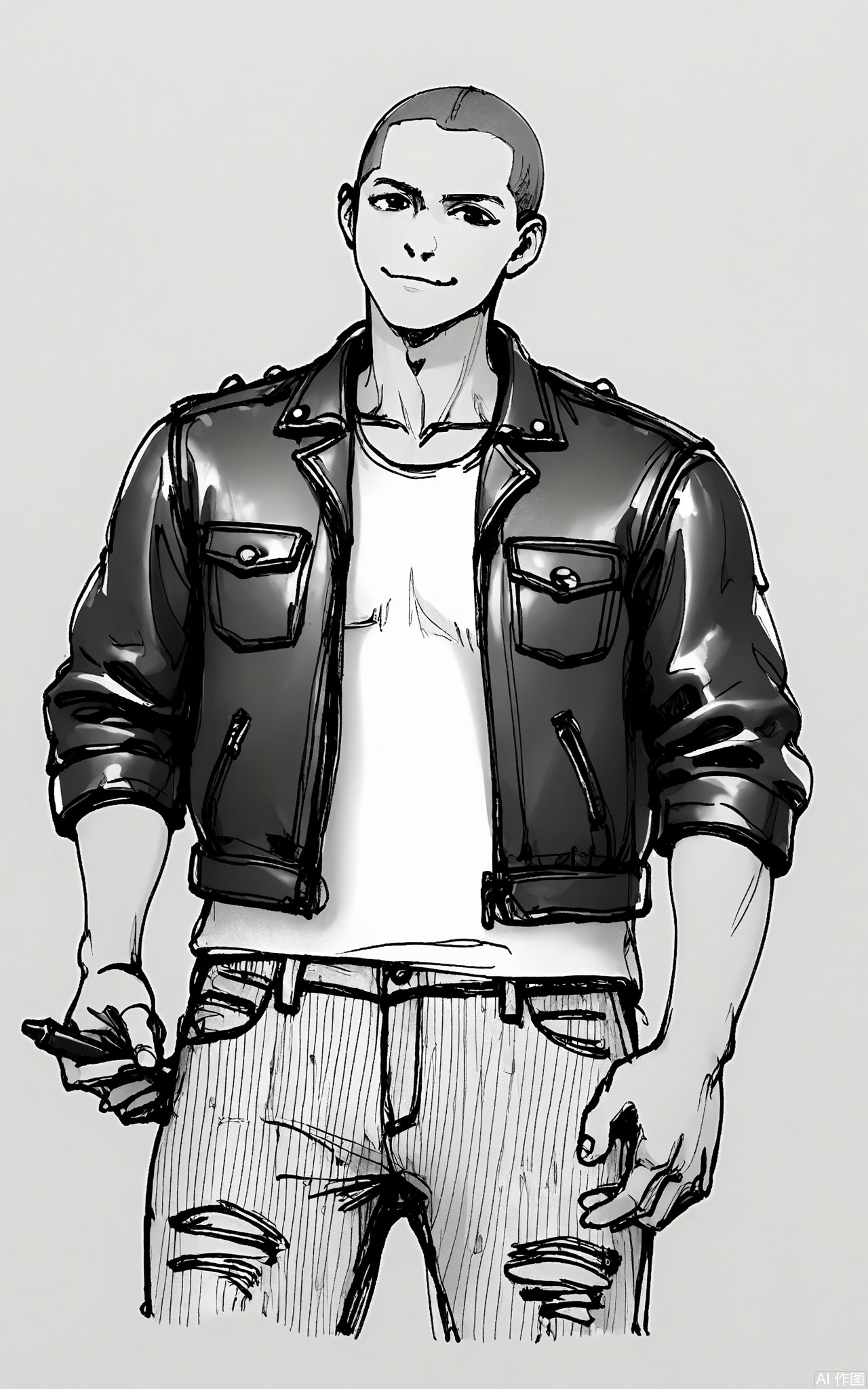 GBSX, Digital pen sketch of a young man with a buzz cut and a confident smirk. He's wearing a leather jacket and ripped jeans. The lines are dynamic, showing his muscular build and the rebellious stance. His eyes are intense, locking onto the viewer's gaze on the white page.
