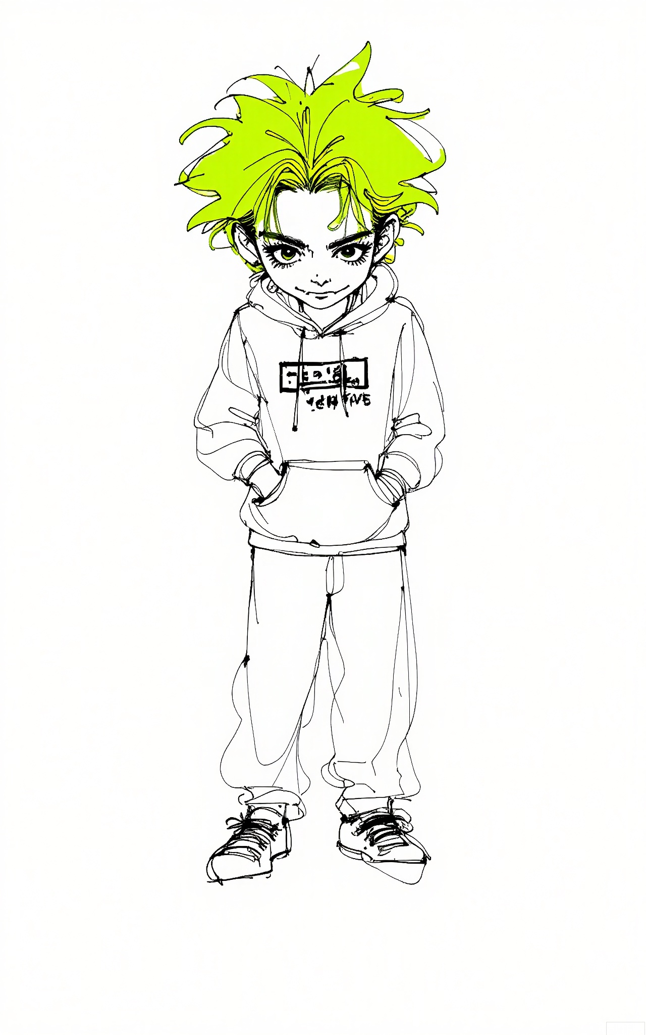 GBSX, Digital black - and - white pen sketch of a teenage boy with spiky, neon - green hair and a goofy grin. He's wearing a graphic hoodie and baggy pants. The energetic, quick lines capture his playful nature and the vibrant energy in his expression as he stares at the viewer on the white backdrop.
