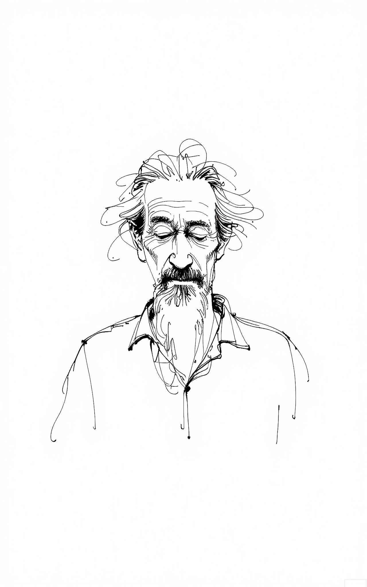 GBSX, Digital pen sketch of an elderly man with a long, gray beard and wrinkled face. He's wearing a loose - fitting, checkered shirt. The style is minimalistic, with thin, wavy lines that capture the essence of his features. His eyes are half - closed in a contemplative gaze, looking straight at the viewer. The plain white background highlights his weathered appearance, giving the drawing a relaxed, spontaneous vibe.
