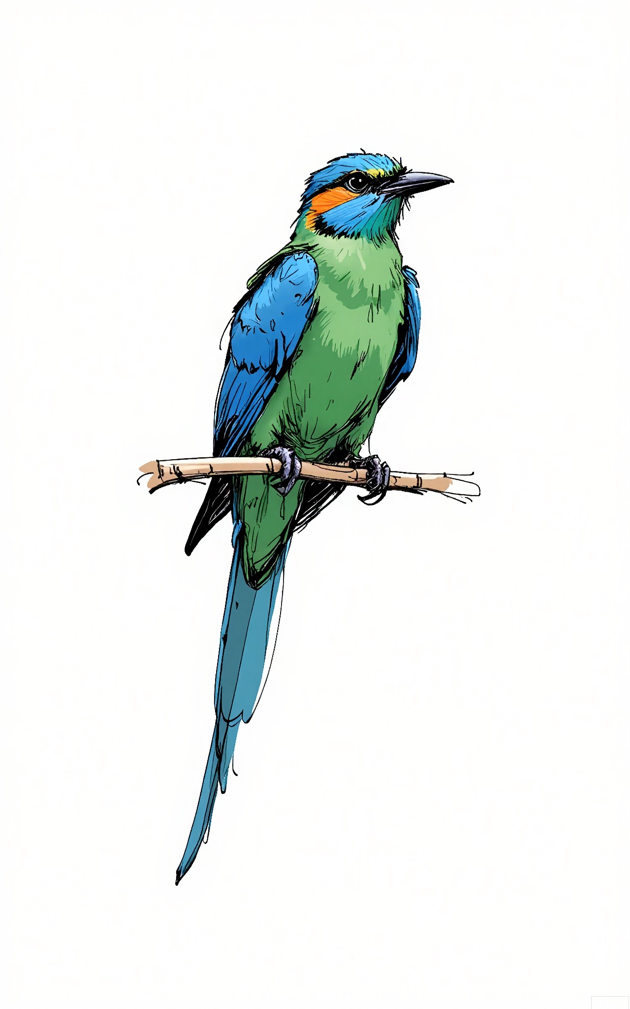 GBSX, Digital black - and - white pen sketch of a bird with blue and green feathers. It's perched on a branch, its beak slightly open. The flowing, sketch - like lines capture its vibrant plumage and the alertness in its stance as it stares at the viewer on the plain white page.
