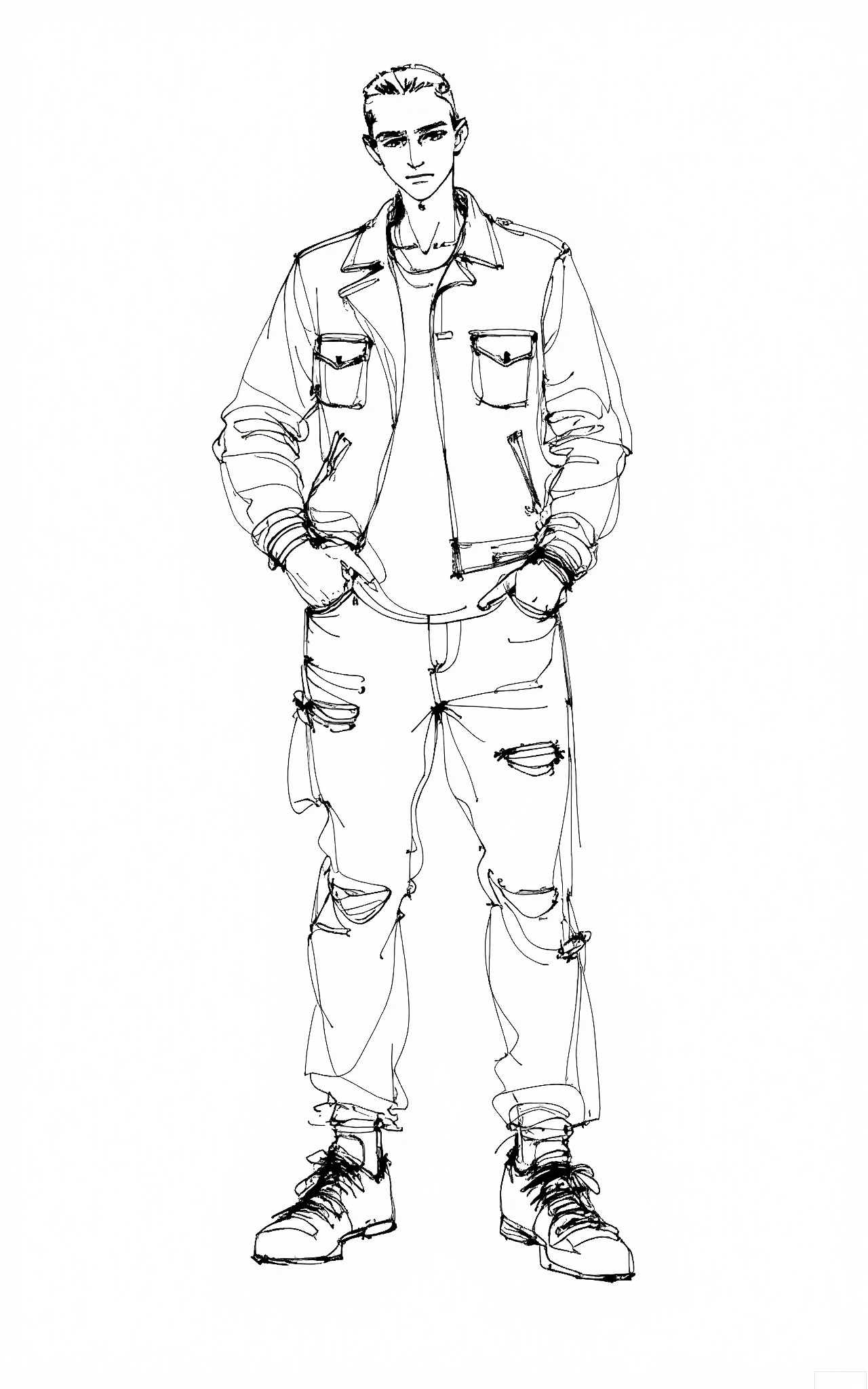 GBSX, Digital pen sketch of a young man with a buzz cut and a confident smirk. He's wearing a leather jacket and ripped jeans. The lines are dynamic, showing his muscular build and the rebellious stance. His eyes are intense, locking onto the viewer's gaze on the white page.
