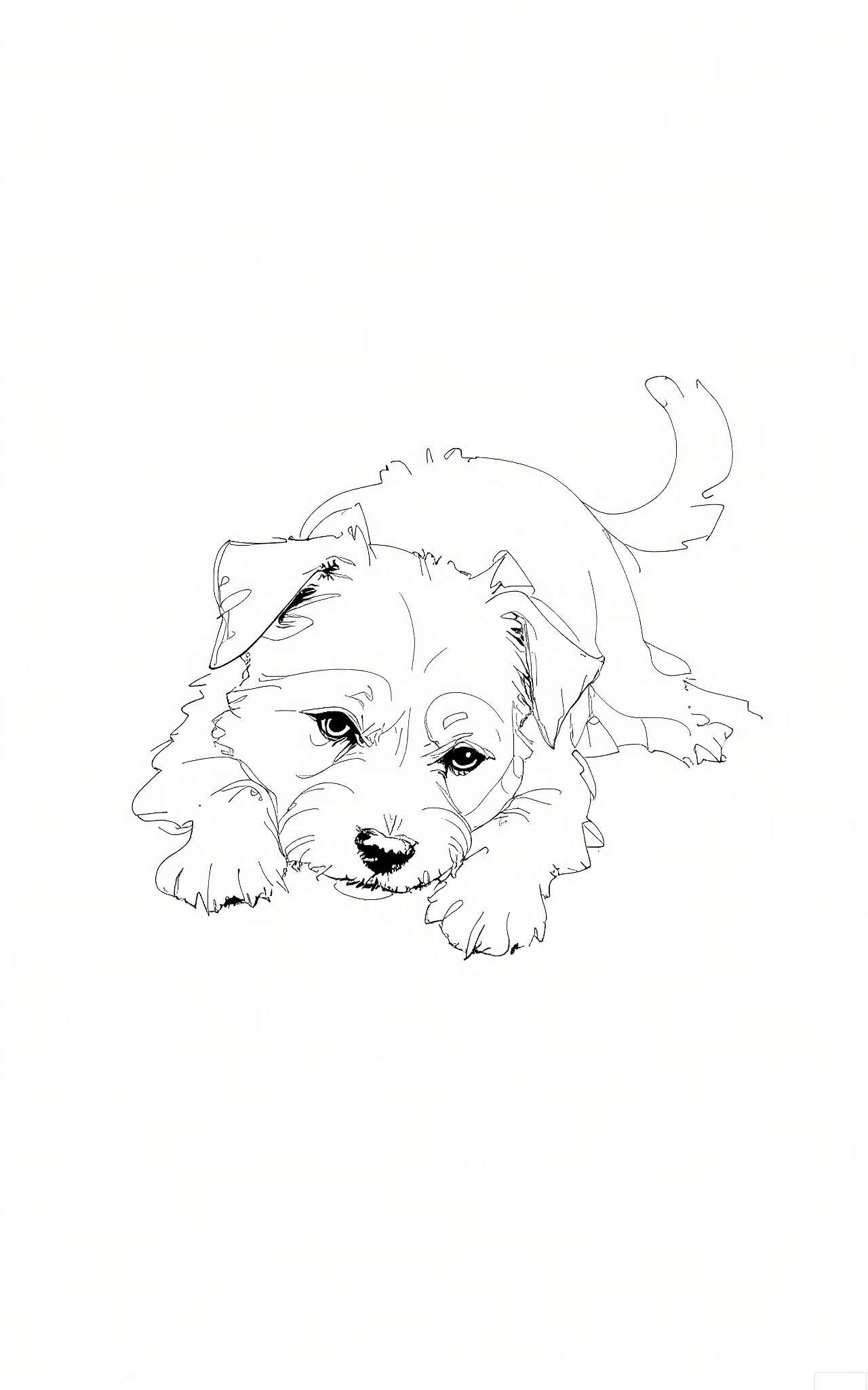 GBSX, Digital pen sketch of a dog with a fluffy, white coat and floppy ears. It's lying on its side, one paw raised slightly. The minimalistic lines outline its round body and friendly face, with the texture of its fur suggested by light, quick strokes. The dog's eyes are warm and welcoming as it gazes at the viewer against the white background.
