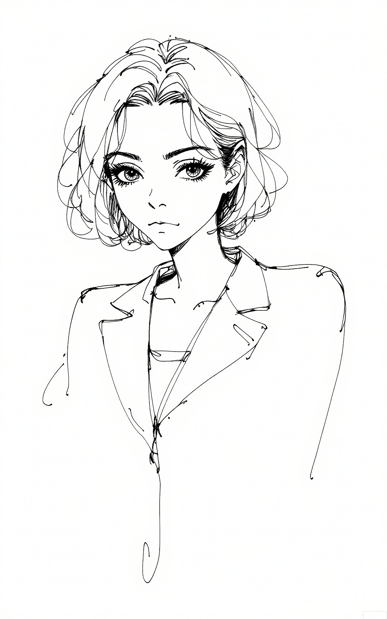 GBSX, Digital black - and - white pen sketch of a middle - aged woman with a short, bob haircut and a serious expression. She's wearing a business suit and holding a briefcase. The precise, sharp lines emphasize her professionalism and the intensity in her eyes as she looks directly at the viewer on the plain white page.
