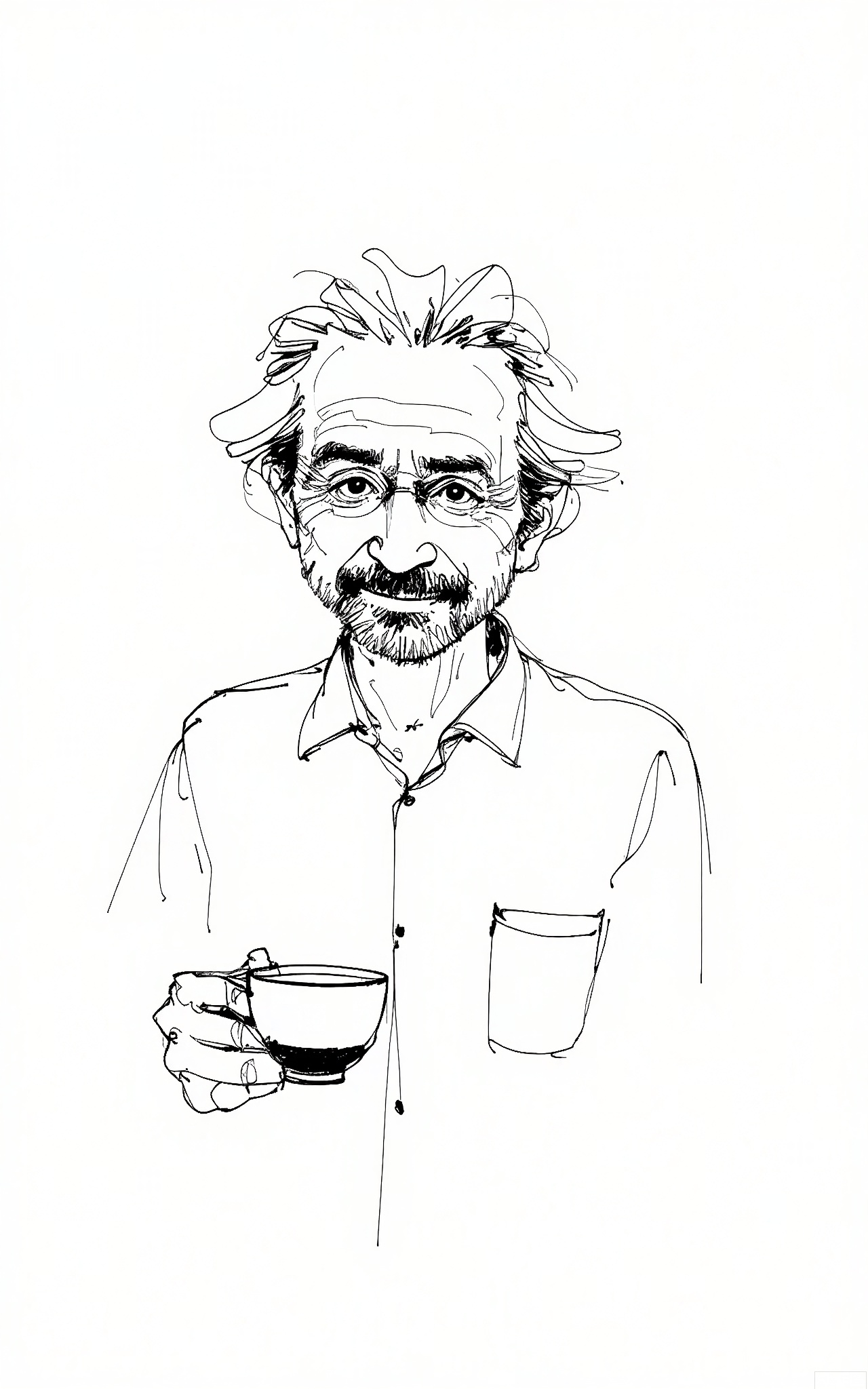 GBSX, Digital black - and - white pen sketch of a middle - aged man with a salt - and - pepper beard and a kind expression. He's wearing a checkered shirt and holding a coffee cup. The thin, precise lines define his friendly face and the relaxed posture as he looks at the viewer with a welcoming gaze on the white background.
