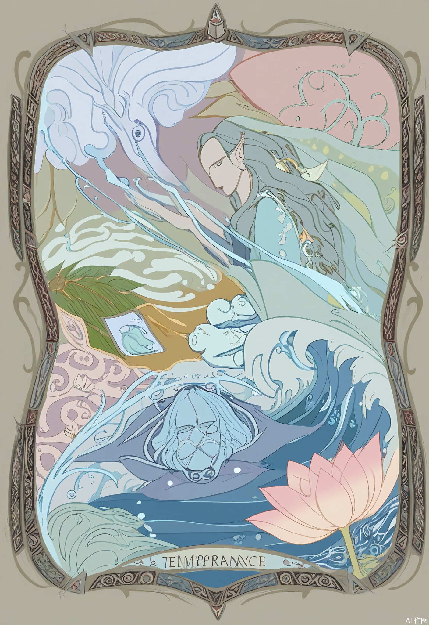 OKLP, A digital illustration of a "Temperance" - inspired tarot scene, showing an angel - like figure pouring liquid from one cup to another. A river flows peacefully in the background. They are enclosed in an ornate frame with floral and water - themed patterns. The figure wears a white, flowing gown with a blue sash. The cups are made of crystal. The background is a tapestry of tarot - style patterns of waves, lotus flowers, and fish. The artwork has a detailed, semi - realistic style with soft, pastel colors and gentle shading, symbolizing balance and harmony.
