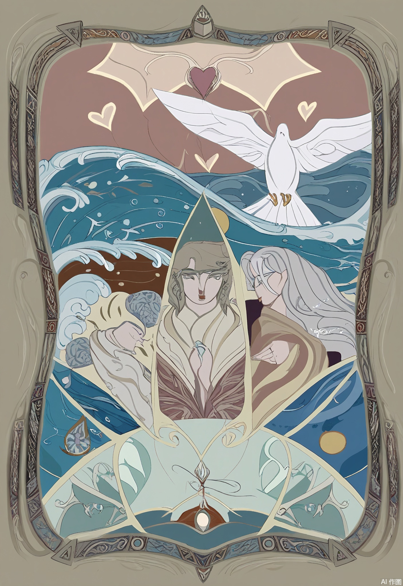 OKLP, A digital illustration of a "Ace of Cups" - inspired tarot scene, showing a hand holding a cup overflowing with water. A dove flies above the cup. They are enclosed in an ornate frame with water - related and spiritual patterns. The cup is made of silver with intricate carvings. The hand is elegant and well - manicured. The background is filled with a tarot - like pattern of waves, hearts, and light rays. The artwork has a detailed, semi - realistic style with soft, blue - toned colors and gentle shading, representing emotional abundance and new beginnings.
