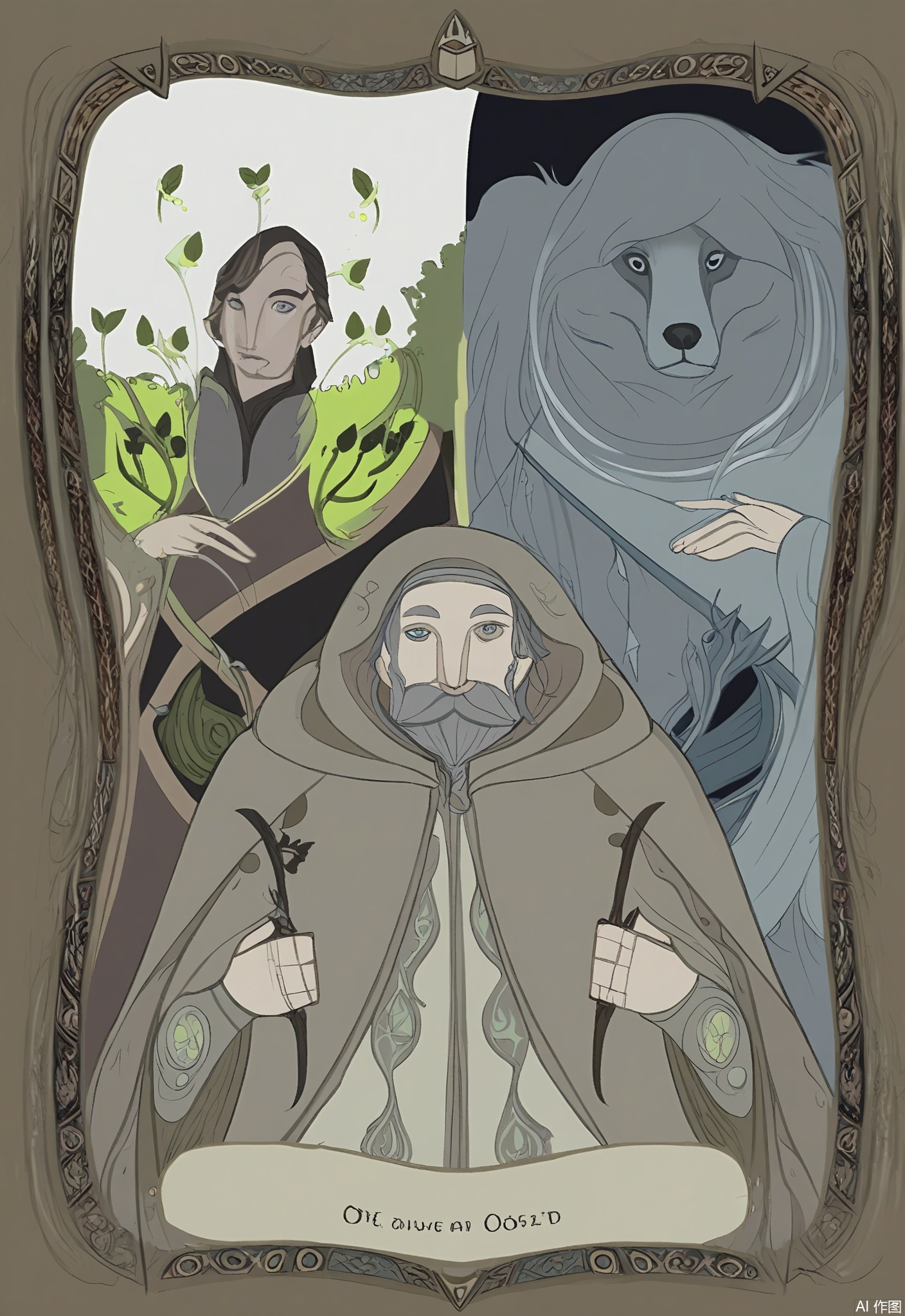 OKLP, A digital illustration of a "Hermit" - inspired tarot scene, showing an old, wise man holding a lantern in a dark forest. A small, loyal dog follows him. They are framed by a pattern of trees and mystical symbols. The hermit is dressed in a long, brown robe with a hood and a gray scarf. The dog has a shaggy coat. The background is filled with a tarot - like pattern of winding paths and glowing fireflies. The artwork has a detailed, semi - realistic style with soft, muted colors and deep shadows, creating a sense of solitude and introspection.
