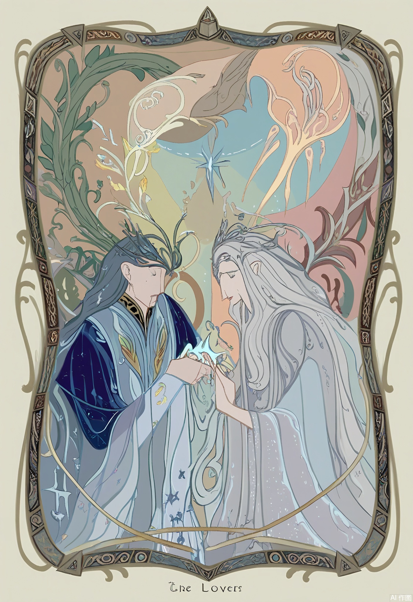 OKLP, A digital illustration of a "Lovers" - themed scene from an occult tarot deck, depicting a celestial couple, a man with a silver crown and a woman with a golden tiara, gently clasping hands. They are encircled by a stylized, ornate frame with celestial and floral patterns. The man is dressed in a flowing, midnight - blue robe with star - embroidered sleeves. The woman wears a shimmering, silver gown with crescent - moon motifs. The background features an intricate tarot - style pattern of intertwined vines and stars. The artwork is done in a detailed, semi - realistic style with soft shading and iridescent colors, evoking a sense of divine connection.

