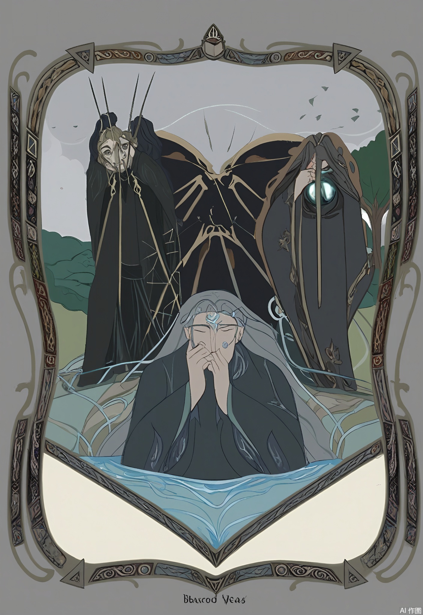 OKLP, A digital illustration of a "Five of Cups" - inspired tarot scene, showing a figure in black robes standing in front of three overturned cups. Two upright cups are in the background. They are enclosed in an ornate frame with mournful and reflective patterns. The figure's head is bowed in sorrow. The cups are made of black ceramic. The background is filled with a tarot - like pattern of dark trees, a river, and a gray sky. The artwork has a detailed, semi - realistic style with muted, dark colors and soft shading, representing loss and regret.

