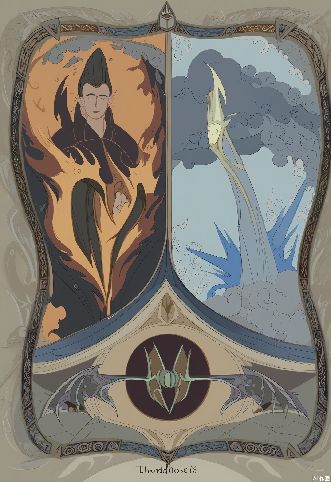OKLP, A digital illustration of a "Tower" - inspired tarot scene, showing a tall tower being struck by lightning. People are falling from the tower. They are enclosed in a frame with storm - related and destructive patterns. The tower is made of stone with a pointed roof. The people are in mid - air, their clothes fluttering. The background is a complex tarot - style pattern of dark clouds, thunderbolts, and rubble. The artwork has a detailed, semi - realistic style with bold, contrasting colors and dramatic shading, symbolizing sudden change and upheaval.
