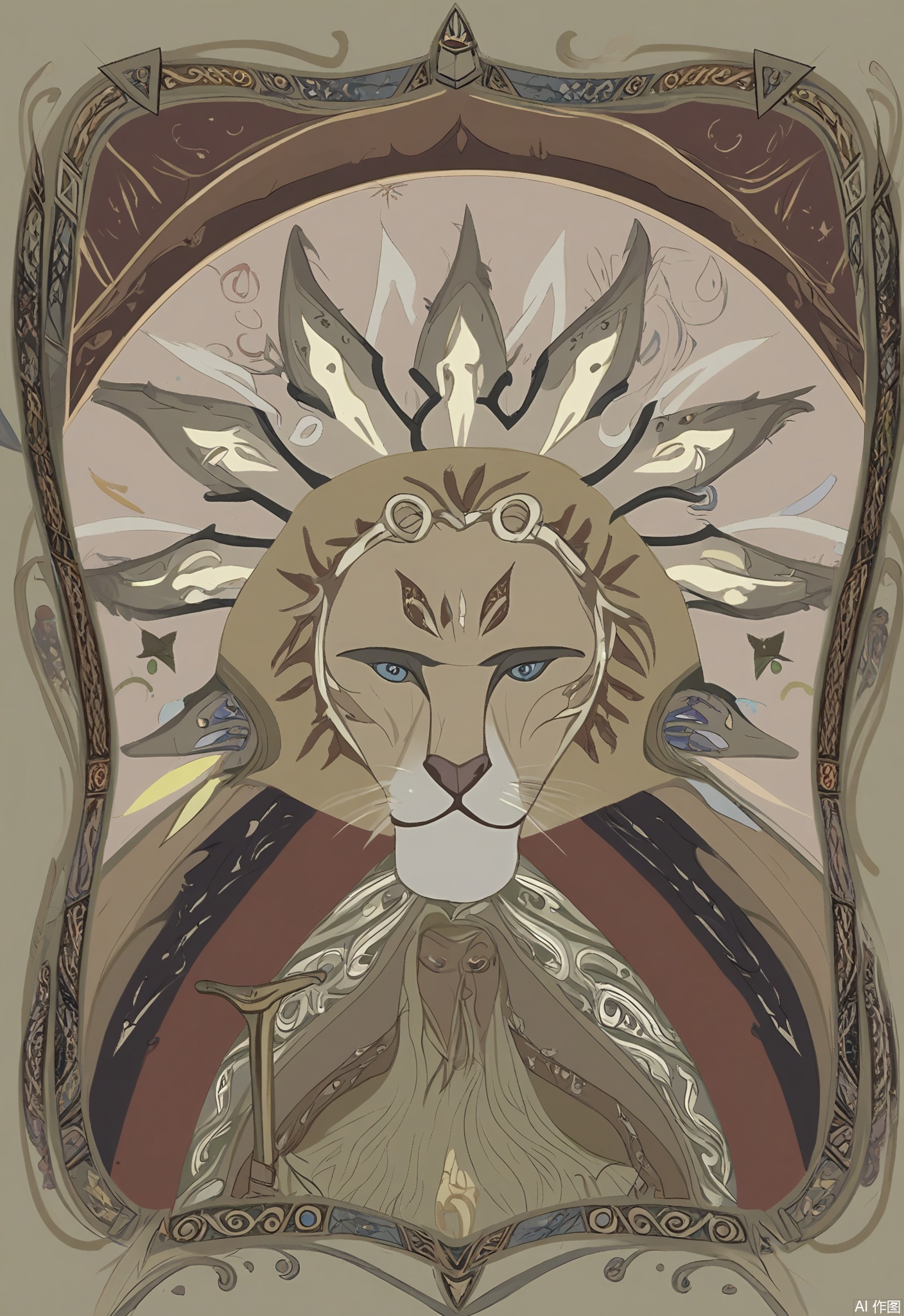 OKLP, A digital illustration of a "Strength" - inspired tarot card scene, showing a powerful female warrior with a lion at her feet. She is embracing the lion in a gentle yet commanding way. They are surrounded by a decorative frame with geometric and animal - themed patterns. The warrior is clad in a leather armor with gold accents and a red cape. The lion has a magnificent mane. The background is filled with a complex tarot - like pattern of overlapping circles and tribal symbols. The artwork has a detailed, semi - realistic style with bold shading and warm, earthy colors, conveying a sense of inner and outer strength.
