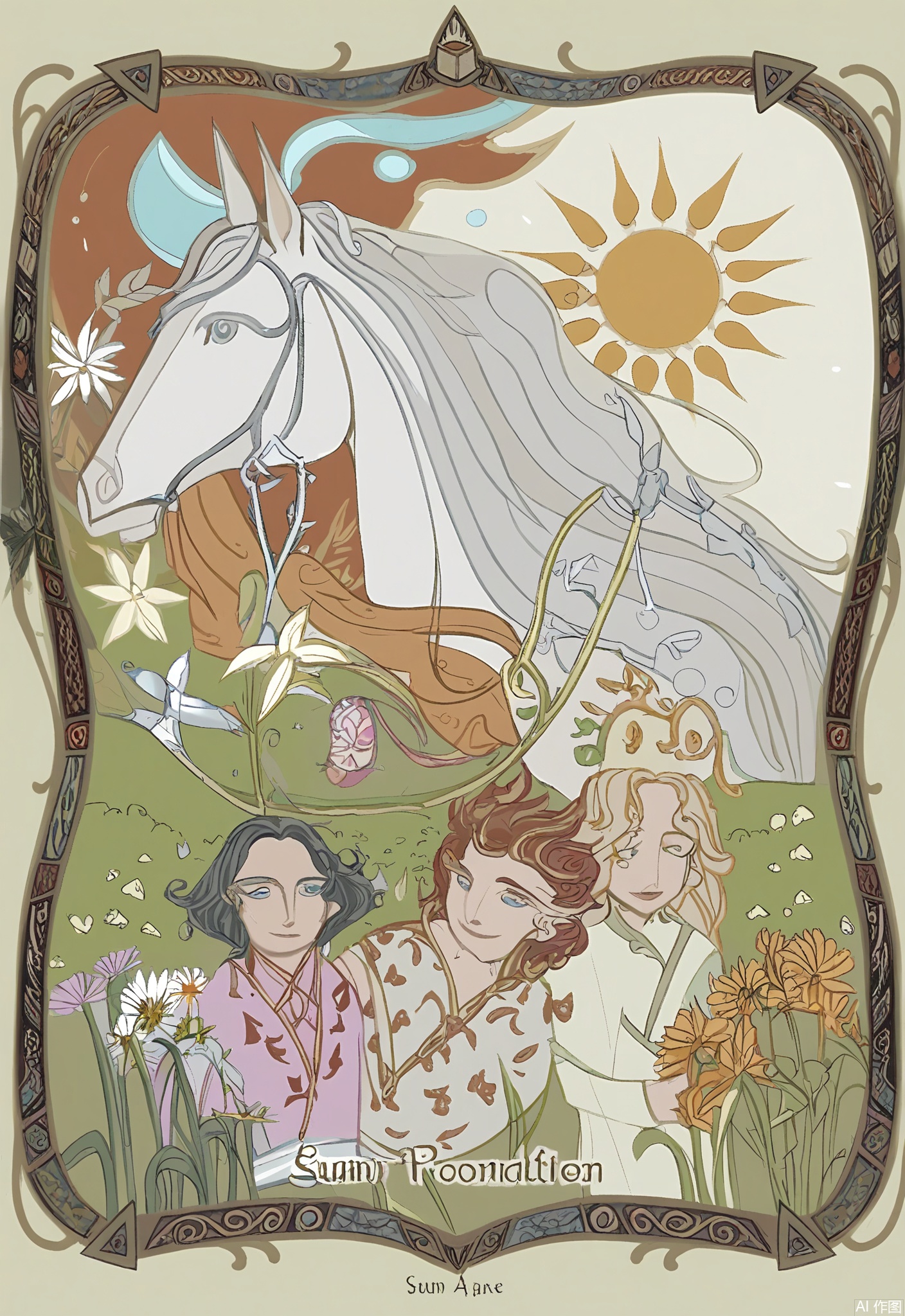 OKLP, A digital illustration of a "Sun" - themed tarot card art, featuring a child riding a white horse in a sunny meadow. Flowers bloom all around. They are surrounded by a frame with solar and floral patterns. The child has a bright smile and is wearing a simple, white tunic. The horse has a golden mane and tail. The background is a tapestry of tarot - style patterns of sunbeams, daisies, and butterflies. The artwork is done in a detailed, semi - realistic style with warm, vibrant colors and bright shading, symbolizing joy and vitality.

