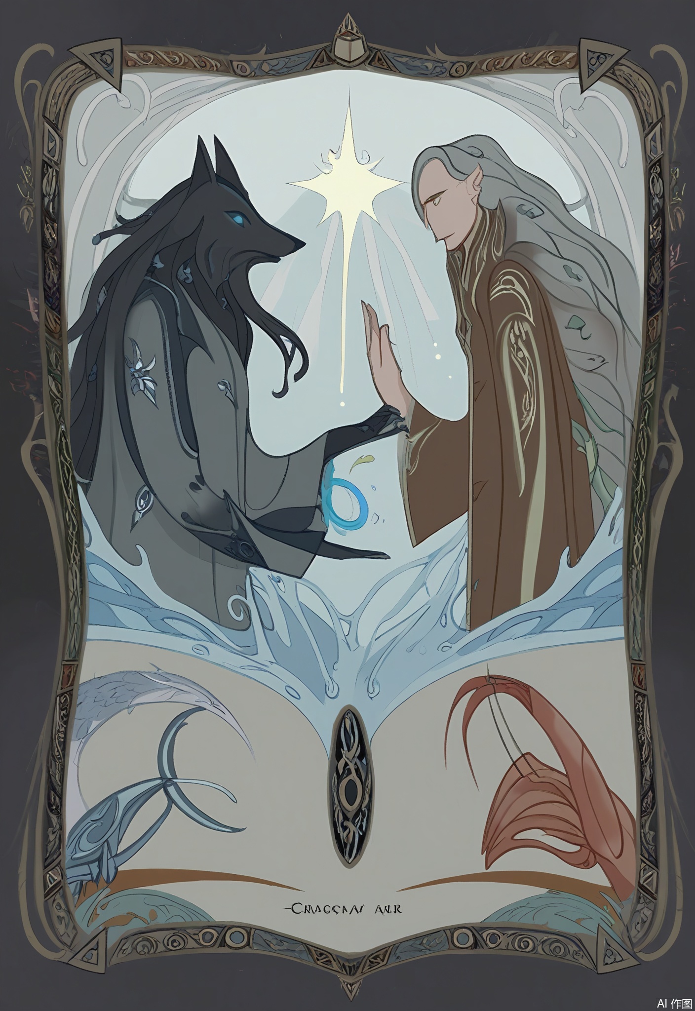 OKLP, A digital illustration of a "Moon" - inspired tarot scene, showing a wolf and a dog howling at a full moon. A crayfish crawls out of the water. They are enclosed in an ornate frame with nocturnal and mystical patterns. The wolf has a thick, gray coat and glowing eyes. The dog is smaller and has a brown coat. The crayfish has a red shell. The background is filled with a tarot - like pattern of dark trees, mist, and the moon's rays. The artwork has a detailed, semi - realistic style with muted, eerie colors and deep shadows, evoking a sense of mystery and the subconscious.
