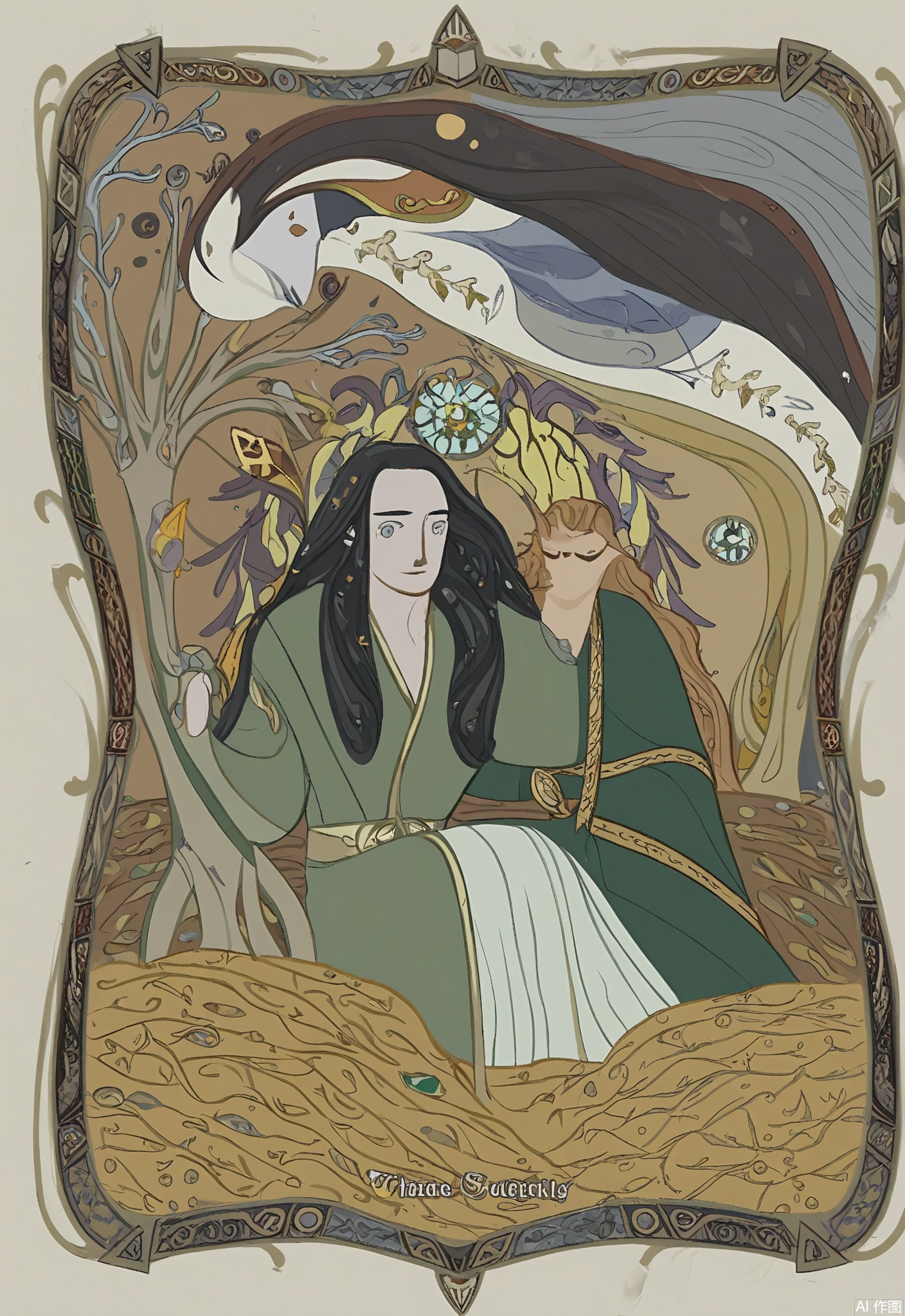 OKLP, A digital illustration of a "Four of Pentacles" - themed tarot card art, depicting a figure sitting on a throne, clutching four pentacles tightly. A pile of gold coins is at their feet. They are surrounded by a frame with material and possessive patterns. The figure is dressed in a dark, green robe with a gold belt. The pentacles are made of gold with gemstone inlays. The background is a tapestry of tarot - style patterns of vaults, locks, and wealth symbols. The artwork has a detailed, semi - realistic style with rich, golden colors and harsh shading, symbolizing greed and security.
