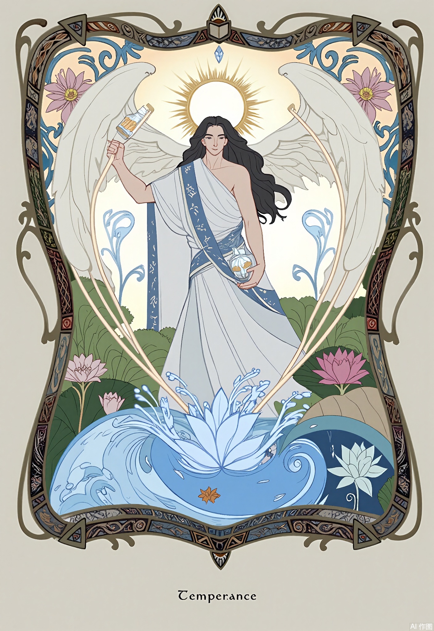 OKLP, A digital illustration of a "Temperance" - inspired tarot scene, showing an angel - like figure pouring liquid from one cup to another. A river flows peacefully in the background. They are enclosed in an ornate frame with floral and water - themed patterns. The figure wears a white, flowing gown with a blue sash. The cups are made of crystal. The background is a tapestry of tarot - style patterns of waves, lotus flowers, and fish. The artwork has a detailed, semi - realistic style with soft, pastel colors and gentle shading, symbolizing balance and harmony.
