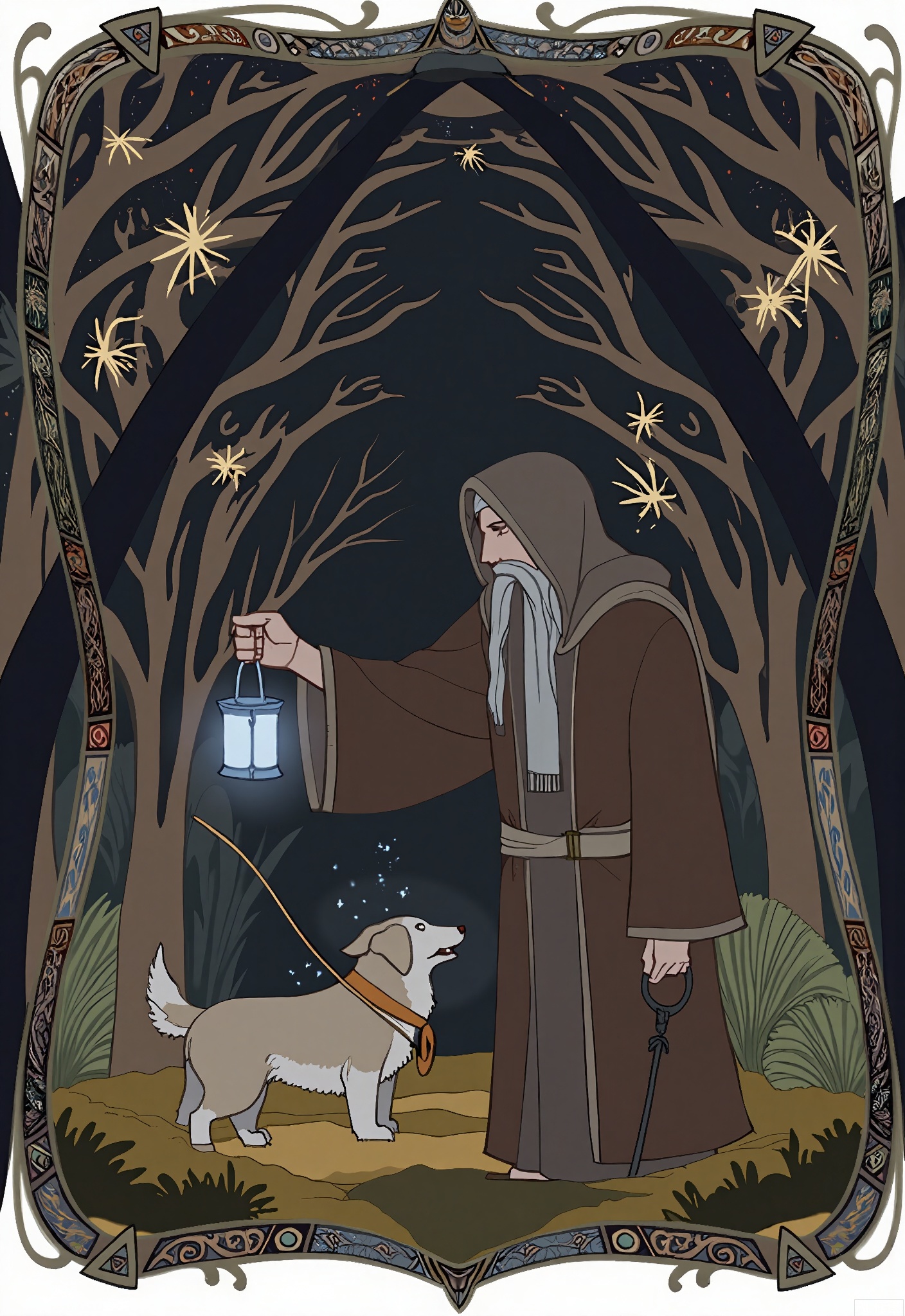 OKLP, A digital illustration of a "Hermit" - inspired tarot scene, showing an old, wise man holding a lantern in a dark forest. A small, loyal dog follows him. They are framed by a pattern of trees and mystical symbols. The hermit is dressed in a long, brown robe with a hood and a gray scarf. The dog has a shaggy coat. The background is filled with a tarot - like pattern of winding paths and glowing fireflies. The artwork has a detailed, semi - realistic style with soft, muted colors and deep shadows, creating a sense of solitude and introspection.
