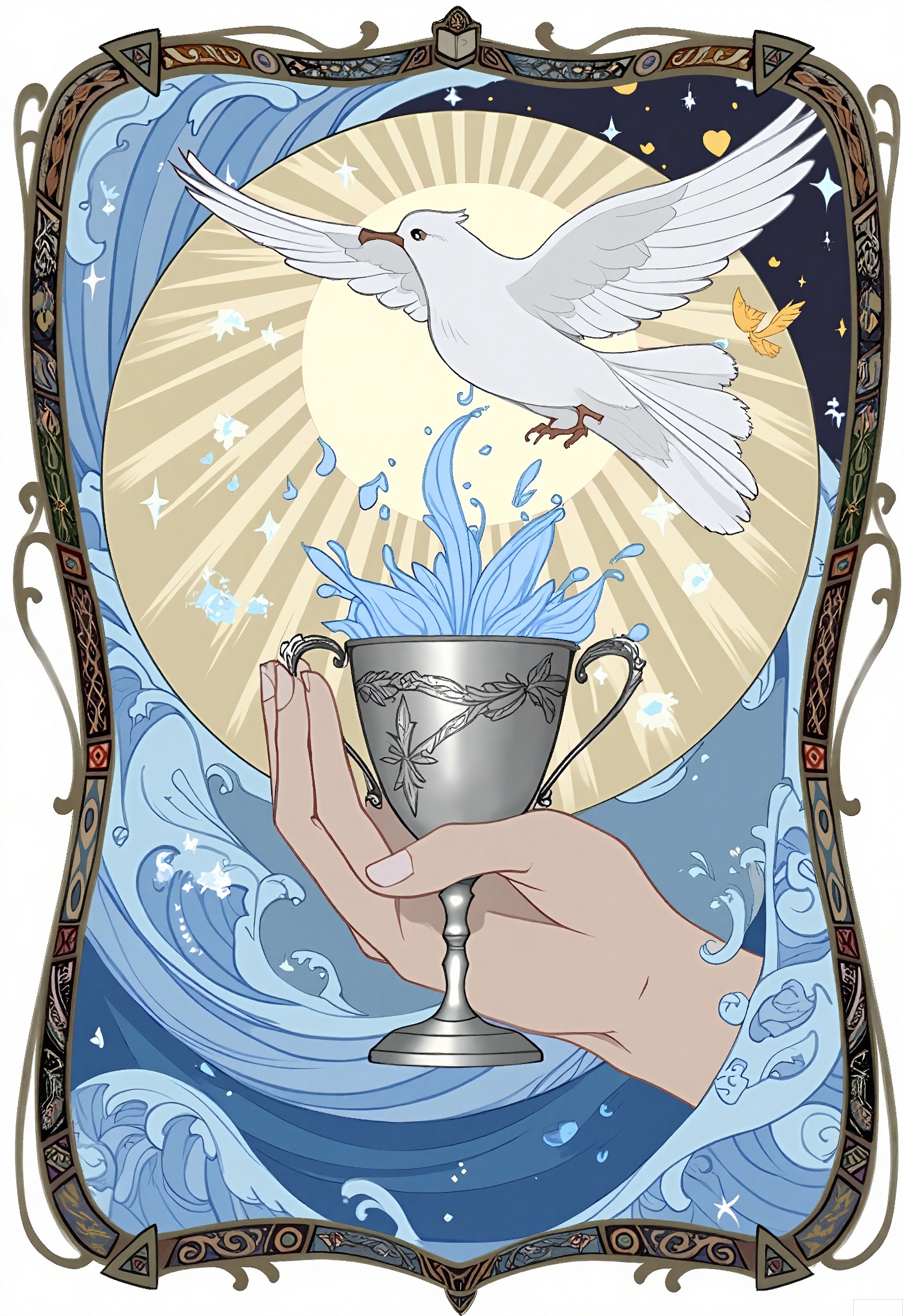 OKLP, A digital illustration of a "Ace of Cups" - inspired tarot scene, showing a hand holding a cup overflowing with water. A dove flies above the cup. They are enclosed in an ornate frame with water - related and spiritual patterns. The cup is made of silver with intricate carvings. The hand is elegant and well - manicured. The background is filled with a tarot - like pattern of waves, hearts, and light rays. The artwork has a detailed, semi - realistic style with soft, blue - toned colors and gentle shading, representing emotional abundance and new beginnings.
