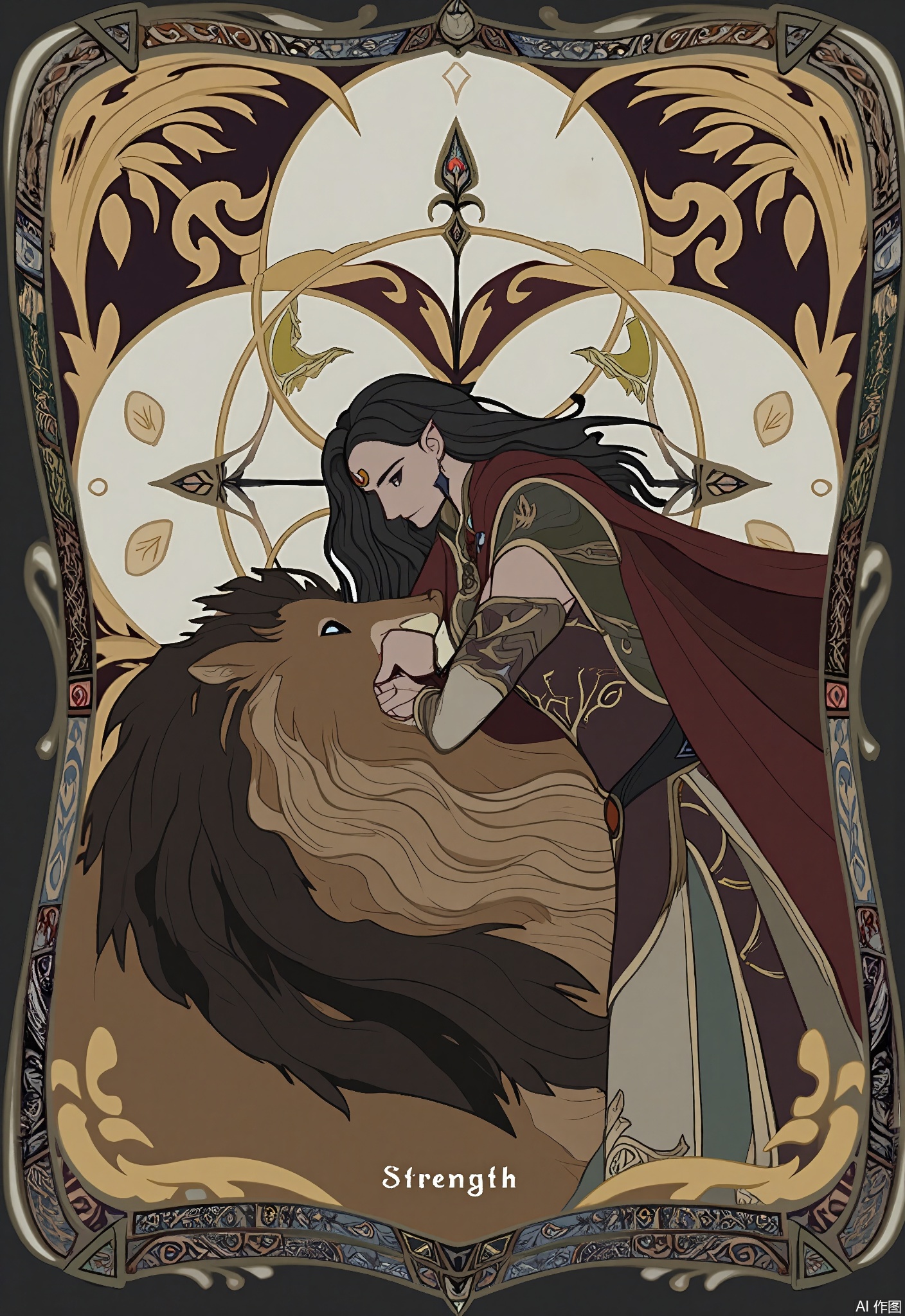 OKLP, A digital illustration of a "Strength" - inspired tarot card scene, showing a powerful female warrior with a lion at her feet. She is embracing the lion in a gentle yet commanding way. They are surrounded by a decorative frame with geometric and animal - themed patterns. The warrior is clad in a leather armor with gold accents and a red cape. The lion has a magnificent mane. The background is filled with a complex tarot - like pattern of overlapping circles and tribal symbols. The artwork has a detailed, semi - realistic style with bold shading and warm, earthy colors, conveying a sense of inner and outer strength.
