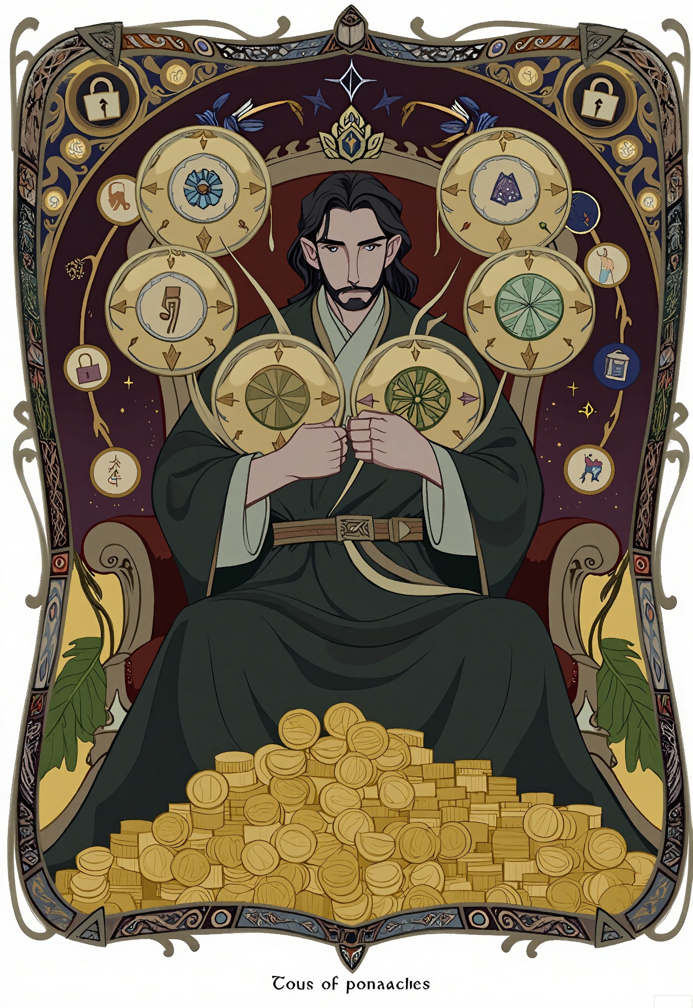 OKLP, A digital illustration of a "Four of Pentacles" - themed tarot card art, depicting a figure sitting on a throne, clutching four pentacles tightly. A pile of gold coins is at their feet. They are surrounded by a frame with material and possessive patterns. The figure is dressed in a dark, green robe with a gold belt. The pentacles are made of gold with gemstone inlays. The background is a tapestry of tarot - style patterns of vaults, locks, and wealth symbols. The artwork has a detailed, semi - realistic style with rich, golden colors and harsh shading, symbolizing greed and security.
