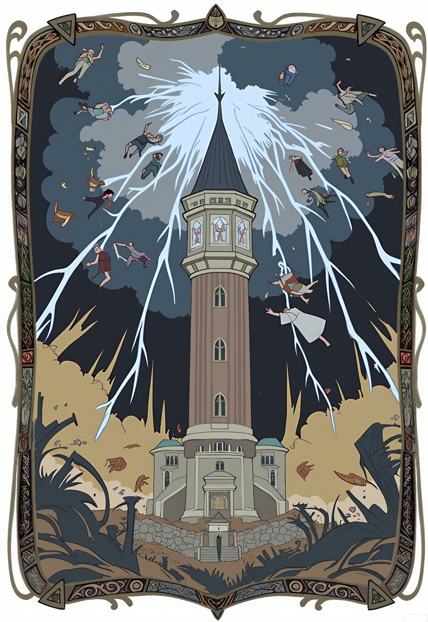 OKLP, A digital illustration of a "Tower" - inspired tarot scene, showing a tall tower being struck by lightning. People are falling from the tower. They are enclosed in a frame with storm - related and destructive patterns. The tower is made of stone with a pointed roof. The people are in mid - air, their clothes fluttering. The background is a complex tarot - style pattern of dark clouds, thunderbolts, and rubble. The artwork has a detailed, semi - realistic style with bold, contrasting colors and dramatic shading, symbolizing sudden change and upheaval.
