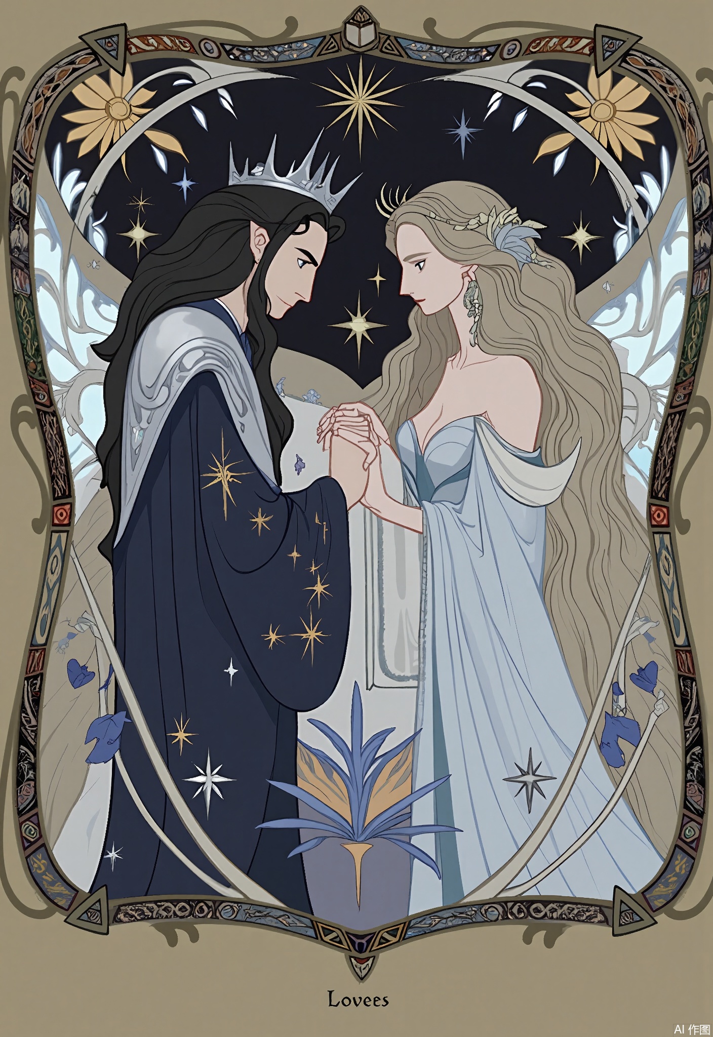 OKLP, A digital illustration of a "Lovers" - themed scene from an occult tarot deck, depicting a celestial couple, a man with a silver crown and a woman with a golden tiara, gently clasping hands. They are encircled by a stylized, ornate frame with celestial and floral patterns. The man is dressed in a flowing, midnight - blue robe with star - embroidered sleeves. The woman wears a shimmering, silver gown with crescent - moon motifs. The background features an intricate tarot - style pattern of intertwined vines and stars. The artwork is done in a detailed, semi - realistic style with soft shading and iridescent colors, evoking a sense of divine connection.
