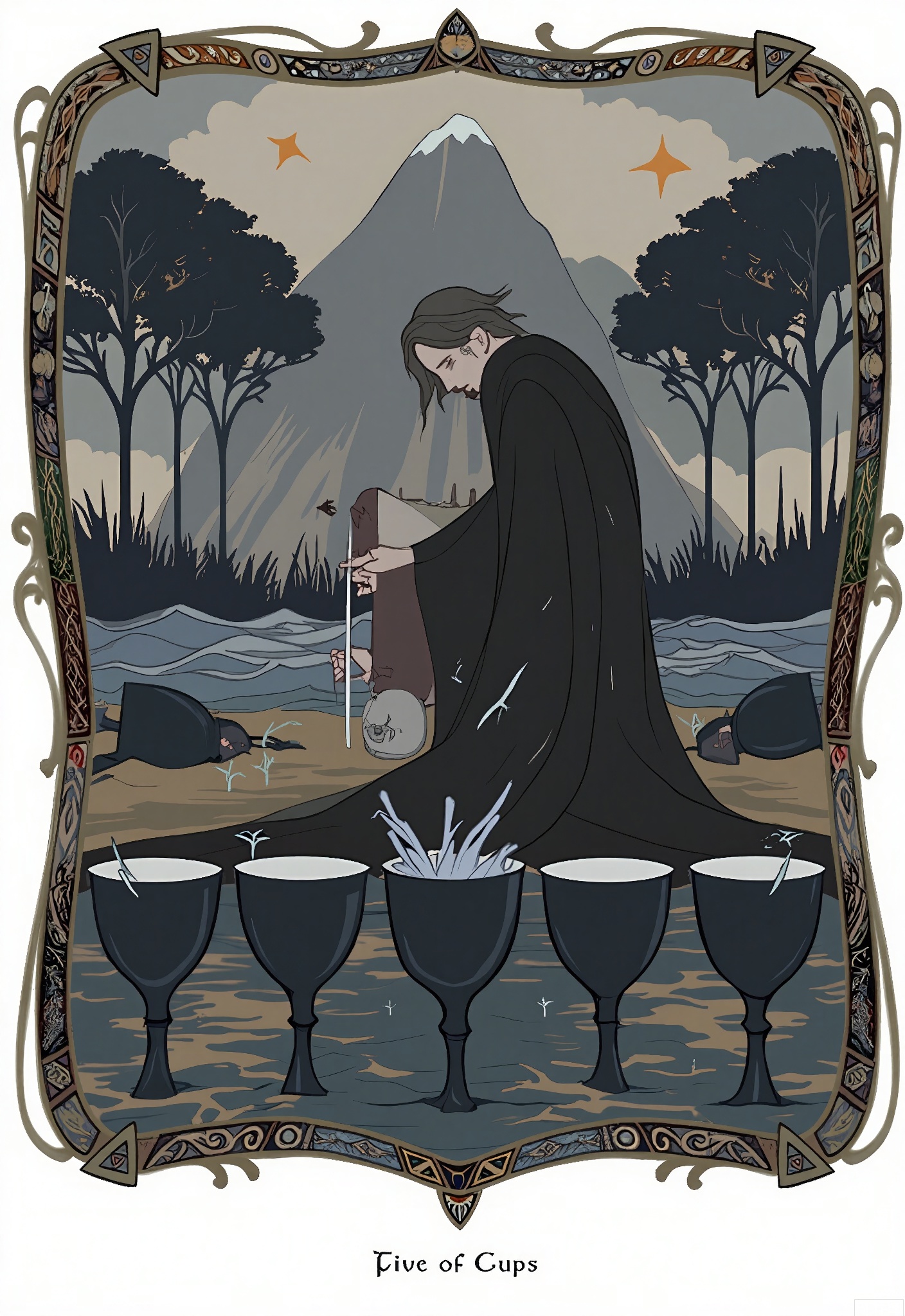 OKLP, A digital illustration of a "Five of Cups" - inspired tarot scene, showing a figure in black robes standing in front of three overturned cups. Two upright cups are in the background. They are enclosed in an ornate frame with mournful and reflective patterns. The figure's head is bowed in sorrow. The cups are made of black ceramic. The background is filled with a tarot - like pattern of dark trees, a river, and a gray sky. The artwork has a detailed, semi - realistic style with muted, dark colors and soft shading, representing loss and regret.
