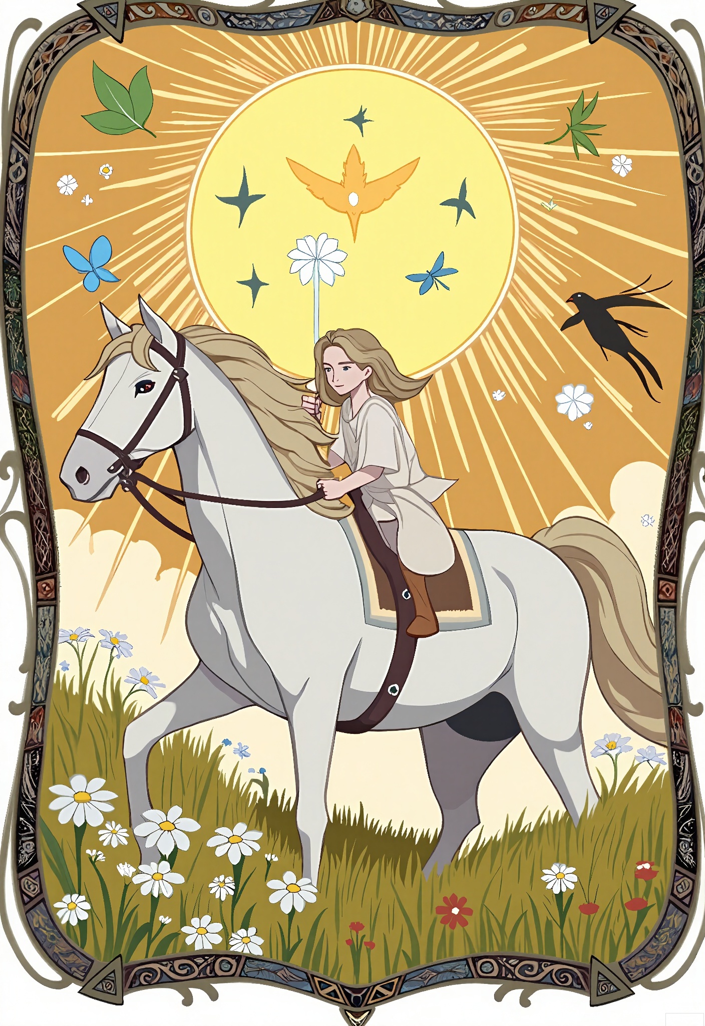 OKLP, A digital illustration of a "Sun" - themed tarot card art, featuring a child riding a white horse in a sunny meadow. Flowers bloom all around. They are surrounded by a frame with solar and floral patterns. The child has a bright smile and is wearing a simple, white tunic. The horse has a golden mane and tail. The background is a tapestry of tarot - style patterns of sunbeams, daisies, and butterflies. The artwork is done in a detailed, semi - realistic style with warm, vibrant colors and bright shading, symbolizing joy and vitality.
