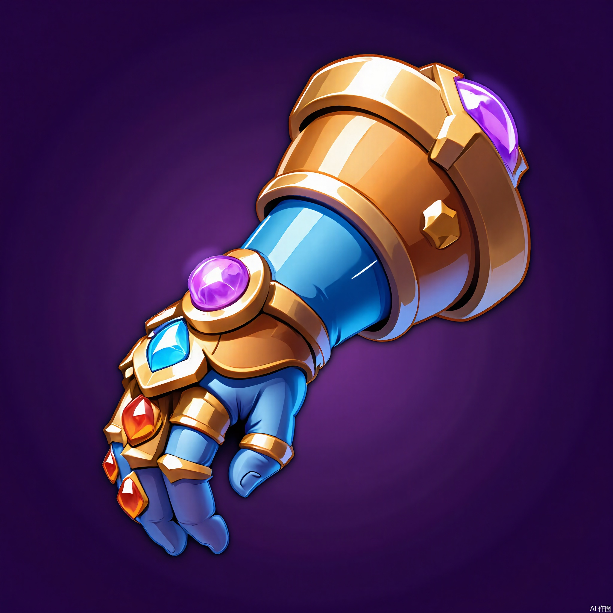 TBDJ, A vibrant, digital illustration of a colorful, gem-studded gauntlet with a large, purple gem on the knuckle. The gauntlet has a metallic sheen. The background is a simple, dark purple.

