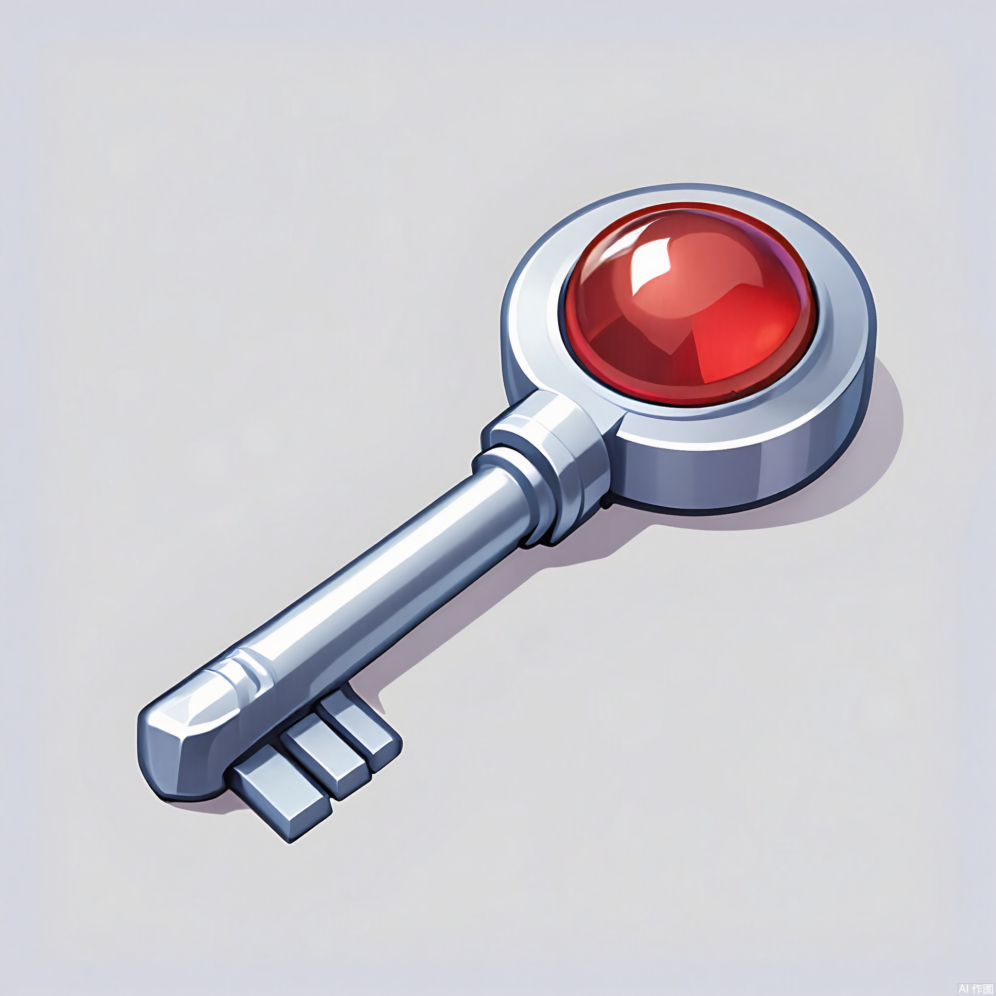 TBDJ, A lively, digital illustration of a shiny, silver key with a large, red gem at the end. The key has teeth on one side. The background is a simple, light gray.


