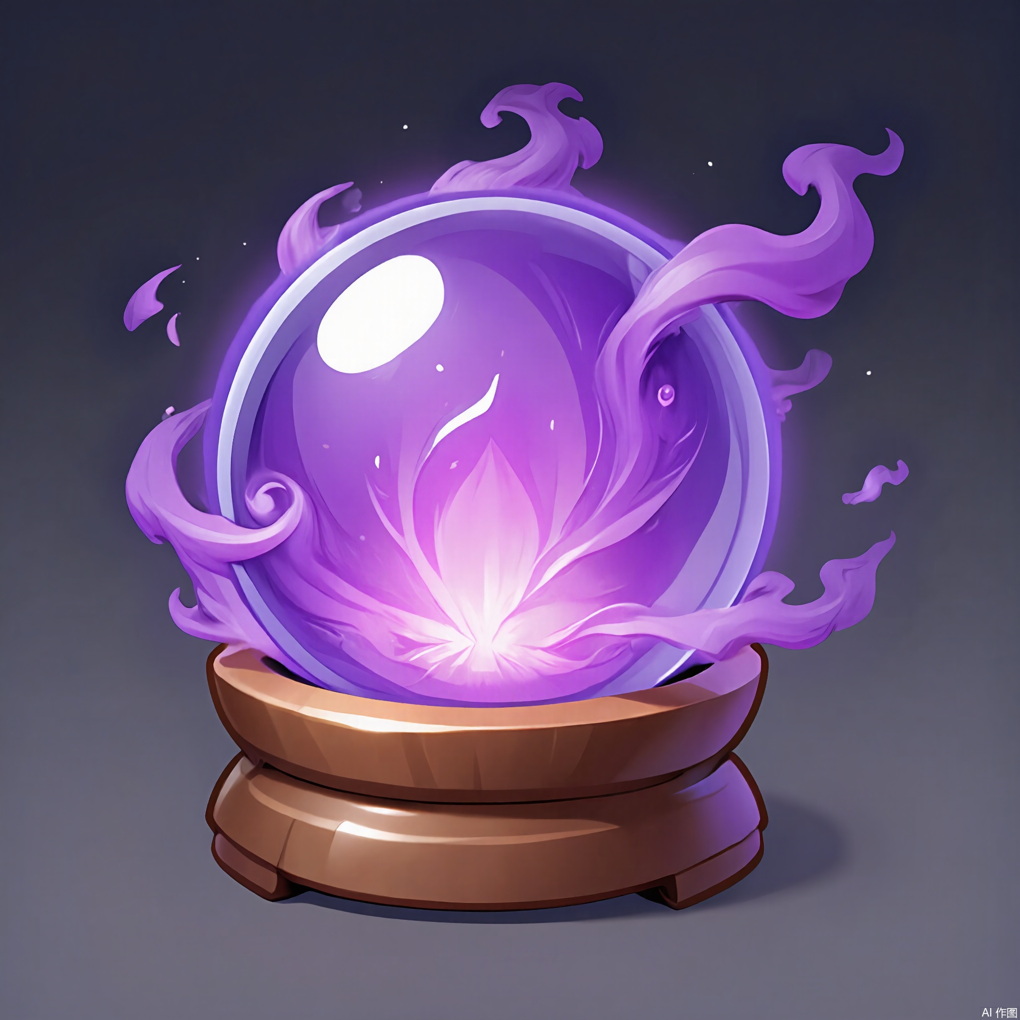 TBDJ, A whimsical, digital illustration of a glowing, purple crystal ball with swirling mist inside. The ball sits on a small, wooden stand. The background is a simple, dark gray.

