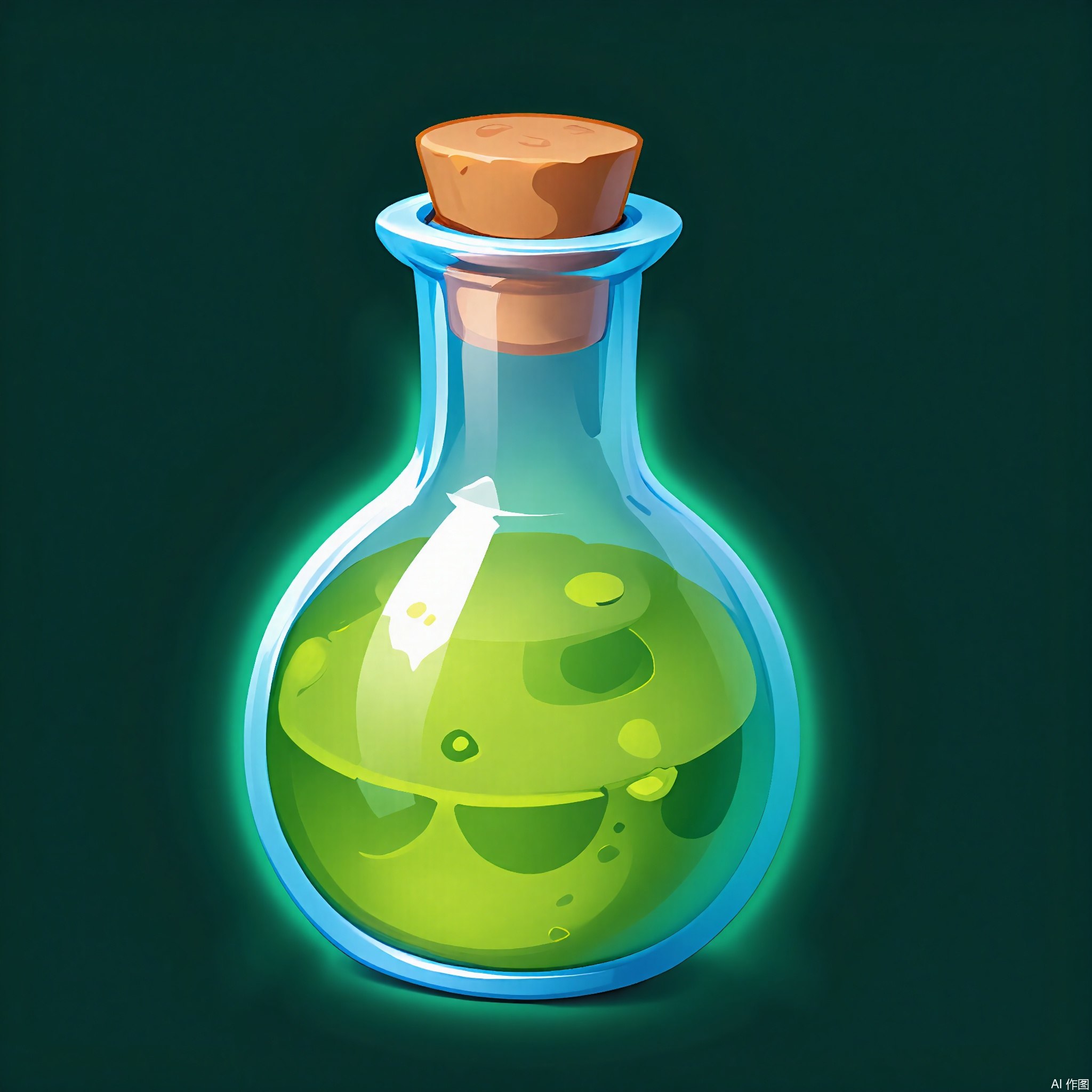 TBDJ, A lively, digital illustration of a glowing, green potion bottle with bubbling liquid inside. The bottle has a cork stopper and a label with strange symbols. The background is a simple, dark green.

