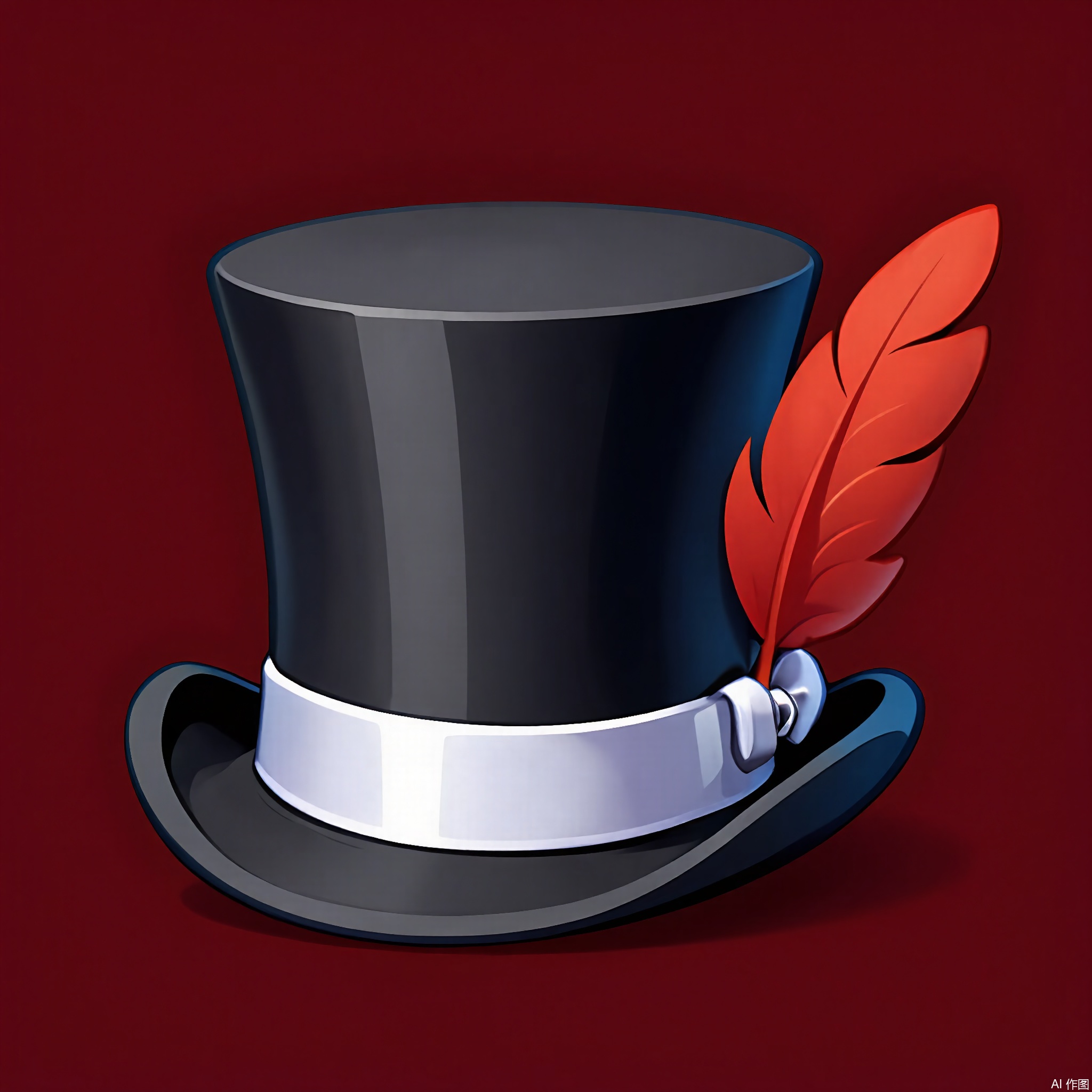 TBDJ, A lively, digital illustration of a shiny, black top hat with a white band and a red feather sticking out. The hat has a slightly curved brim. The background is a simple, dark red.

