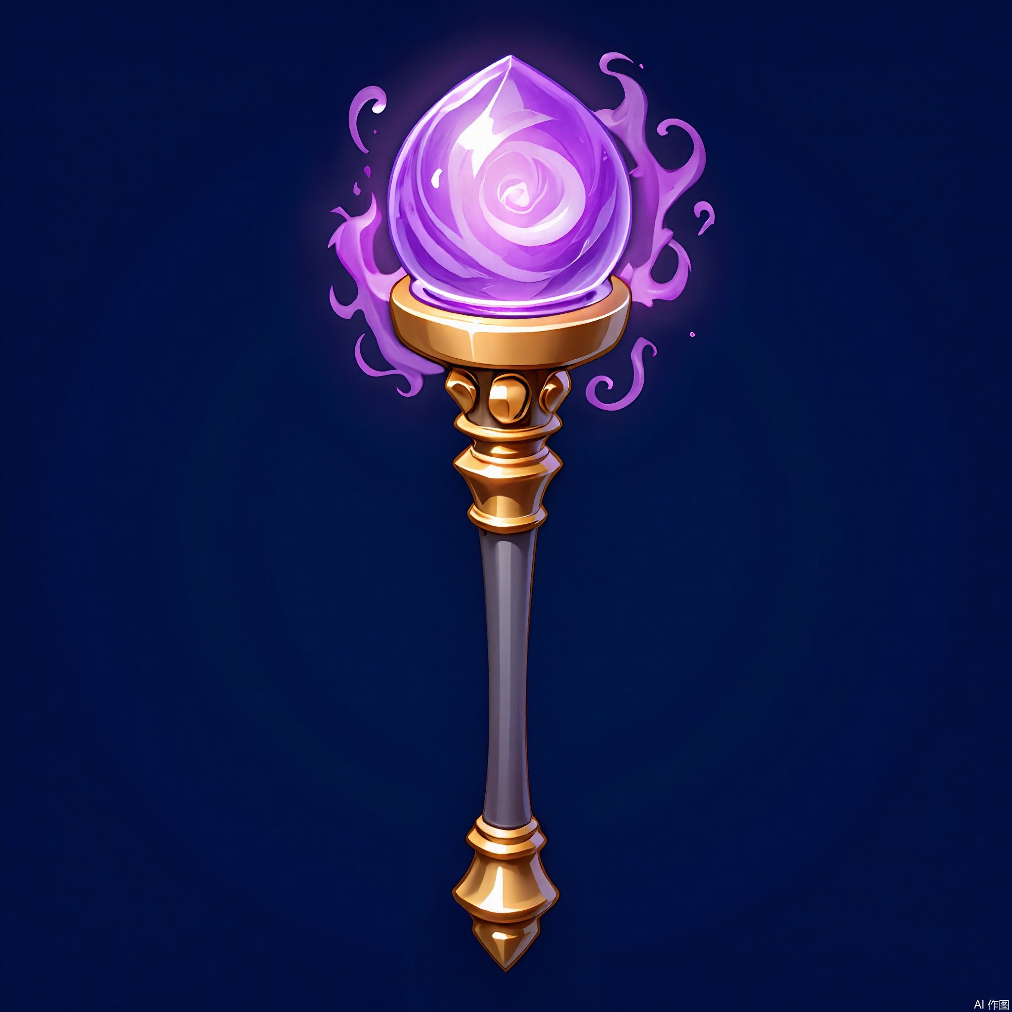 TBDJ, A lively, digital illustration of a glowing, magical staff with a swirling, purple crystal at the top. The staff has intricate gold carvings along its length and a small, ornate base. The background is a simple, deep navy blue.

