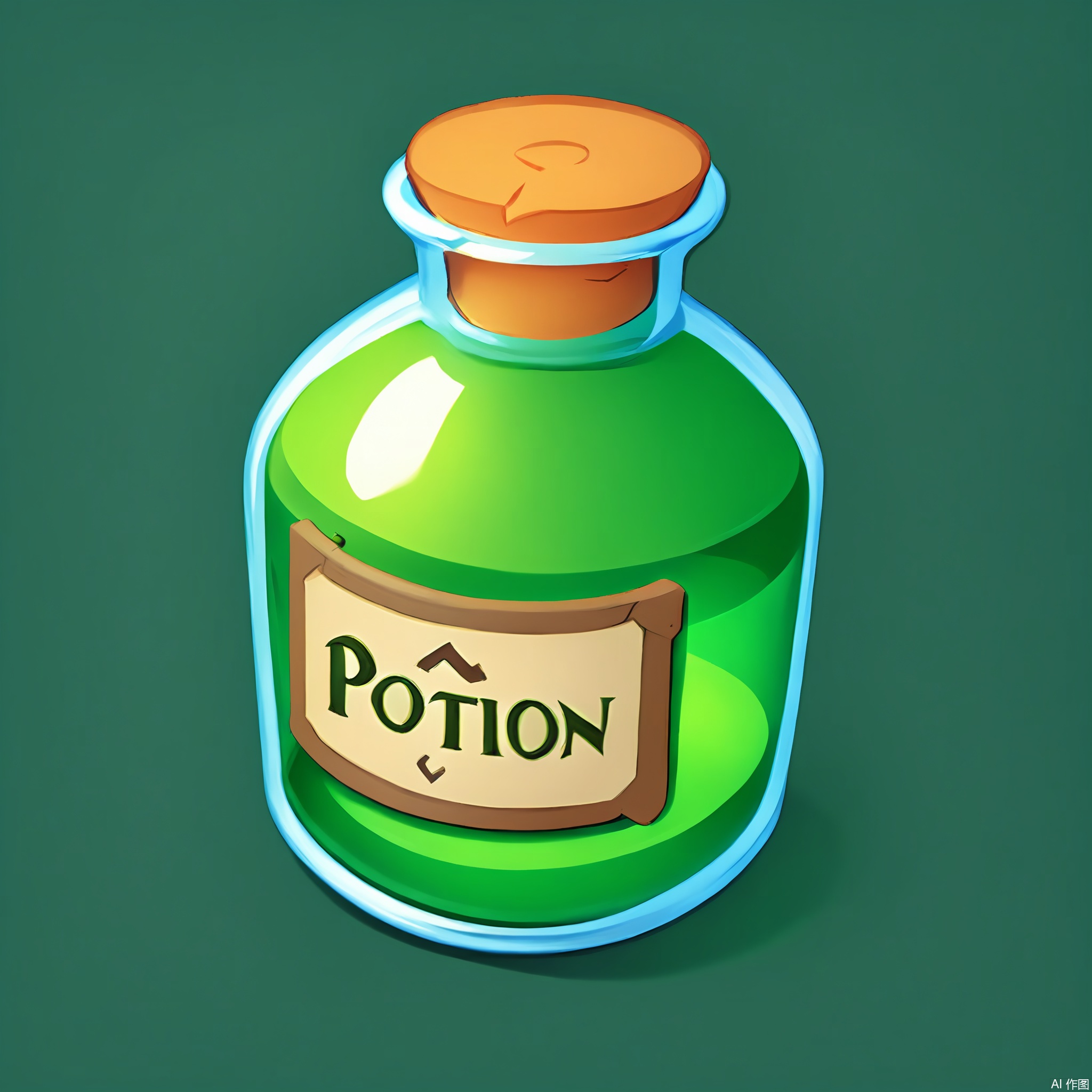 TBDJ, A lively, digital illustration of a glowing, green potion bottle with bubbling liquid inside. The bottle has a cork stopper and a label with strange symbols. The background is a simple, dark green.
