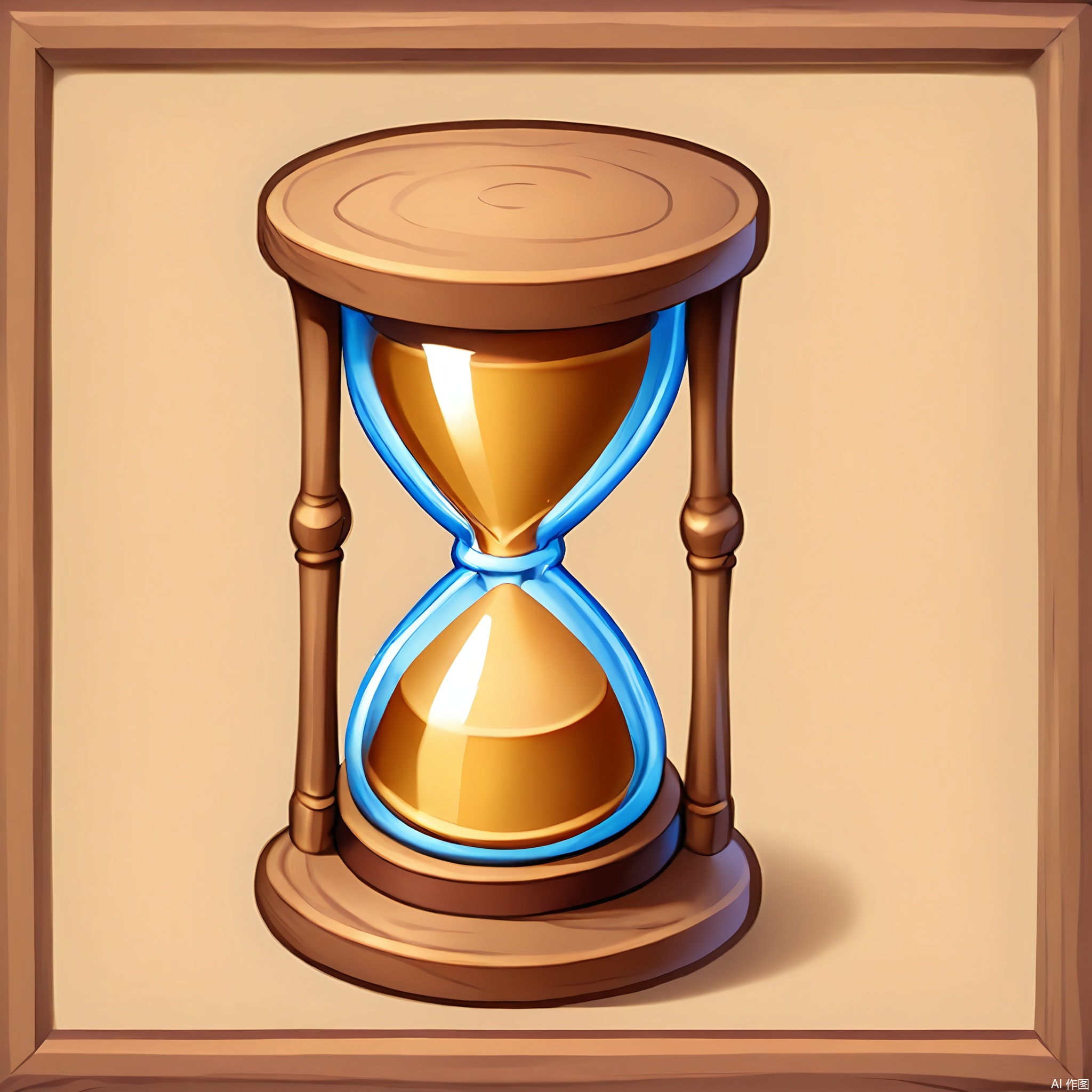 TBDJ, A lively, digital illustration of a shiny, golden hourglass with sand flowing from the top to the bottom. The hourglass has a wooden frame. The background is a simple, rich brown.
